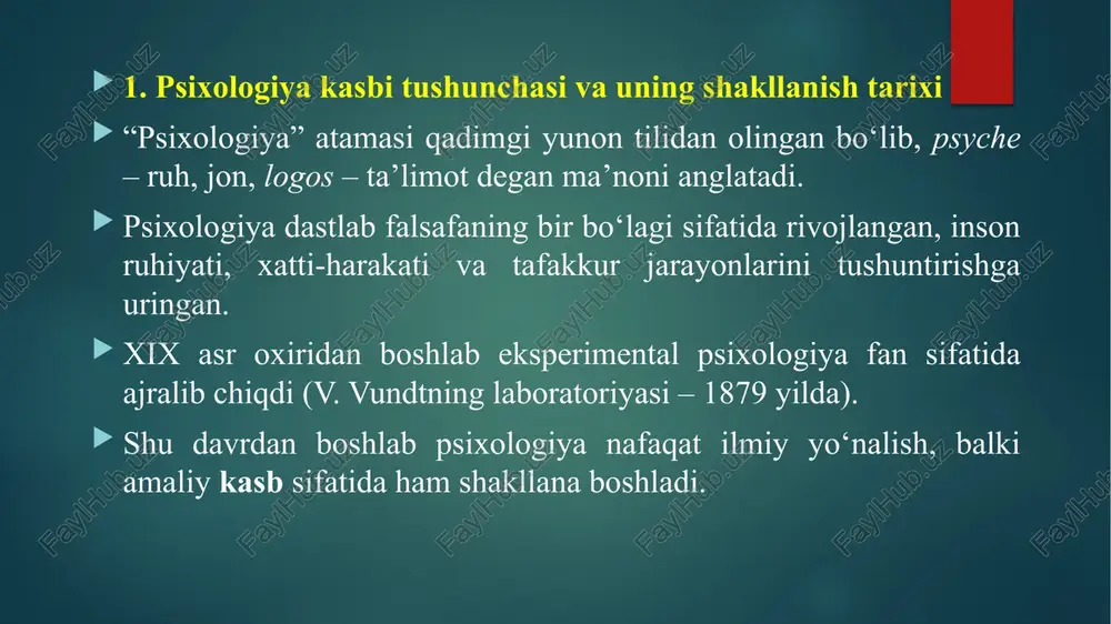 ional va ijtimoiy muammolarini hal etishga ko‘maklashadi. stress, depressiya, nevroz, travmadan keyingi sindromlarni yengib o‘tishga yordam beradi. 3. sport sohasida sportchilarni musobaqalarga psixologik tayyorlaydi. stressni yengish, diqqatni jamlash va o‘ziga ishonchni kuchaytirish bo‘yicha mashg‘ulotlar olib boradi. jamoaviy ruh va motivatsiyani oshirishga xizmat qiladi. 4. huquq-tartibot tizimida yuridik psixolog sifatida sud, tergov va jinoyat-profilaktika jarayonlarida ishtirok etadi. kriminal psixologlar jinoyatchi shaxsini tahlil qilish, ijtimoiy xavfli xulqlarni oldindan prognoz qilish bilan shug‘ullanadi. huquqbuzarlikning oldini olish bo‘yicha tavsiyalar ishlab chiqadi. 5. ishlab chiqarish va boshqaruv sohasida tashkiliy psixologlar jamoani boshqarish, mehnat unumdorligini oshirish va xodimlar o‘rtasidagi munosabatlarni yaxshilashga yordam beradi. hr-psixologlar kadrlarni tanlash, kasbiy moslashuv va motivatsiya tizimini shakllantirishda ishtirok etadilar. konfliktlarni bartaraf etish va ijobiy mehnat muhiti yaratishga ko‘maklashadi. 6. ijtimoiy xizmatlarda reabilitatsiya markazlarida nogironligi bo‘lgan shaxslar va ijtimoiy himoyaga muhtoj qatlamlarga psixologik yordam ko‘rsatadi. oilaviy psixolog sifatida turmush o‘rtog‘lar, ota-ona va farzandlar o‘rtasidagi nizolarni hal etishga yordam beradi. yoshlar, ishsizlar va …