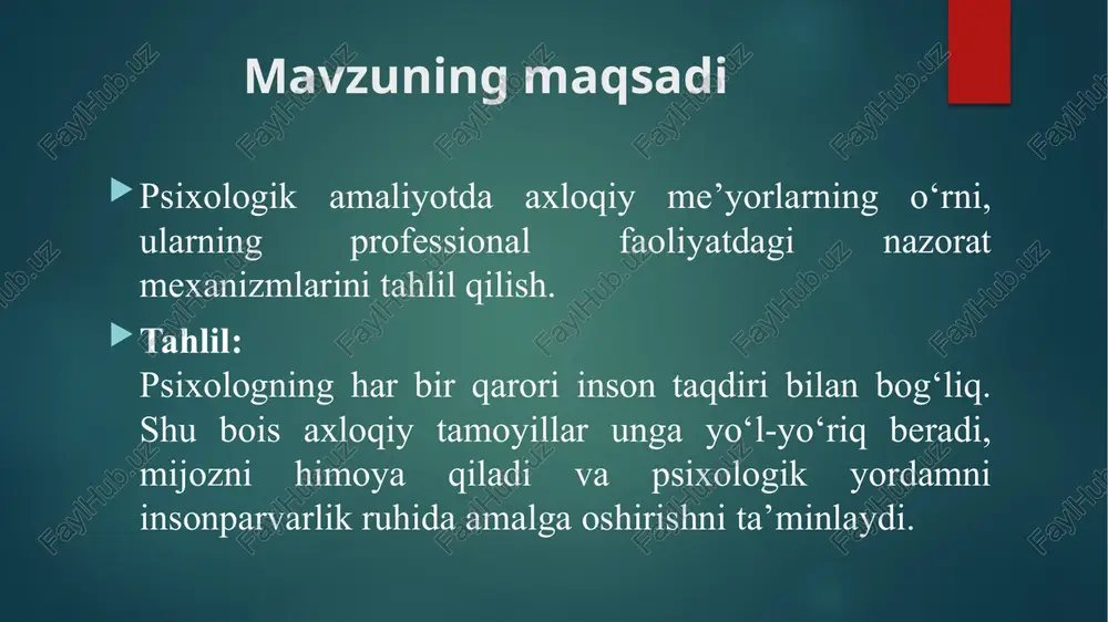 iladi. halollik – ishonch, maxfiylik – himoya, adolat – tenglik kafolati. ularning uyg‘unligi psixolog shaxsining professional etukligini ko‘rsatadi. kasbiy axloq prinsiplari maxfiylik klient manfaatini ustun qo‘yish malaka va kompetensiya javobgarlik tahlil: bu tamoyillar amaliyotning asosini tashkil etadi. psixolog har bir ishda “bu harakat klient manfaatidami?” degan savolga javob berib turadi. etik prinsiplarga rioya qilish ishonch va professional mas’uliyatni oshiradi. maxfiylik tamoyili psixolog mijoz haqidagi ma’lumotlarni sir saqlashi shart. tahlil: maxfiylik – ishonchning garovidir. bu tamoyil buzilsa, mijoz o‘zini himoyasiz his qiladi. faqat o‘ta zarur holatlarda (masalan, o‘ziga yoki boshqalarga xavf tug‘dirsa) ma’lumot oshkor qilinadi. klient manfaatini ustun qo‘yish psixolog o‘z manfaatidan ko‘ra klient farovonligini ustun qo‘yadi. tahlil: boshqa mutaxassislar kabi, psixolog ham inson salomatligi va ruhiy holati uchun javobgar. mijozni manipulyatsiya qilish yoki shaxsiy foyda uchun foydalanish mutlaq etik buzilishdir. professional kompetensiya psixolog o‘z bilimini muntazam yangilab, professional malakasini rivojlantirib borishi zarur. tahlil: kompetensiya – bu kasbiy halollikning ko‘rinishi. yangi …