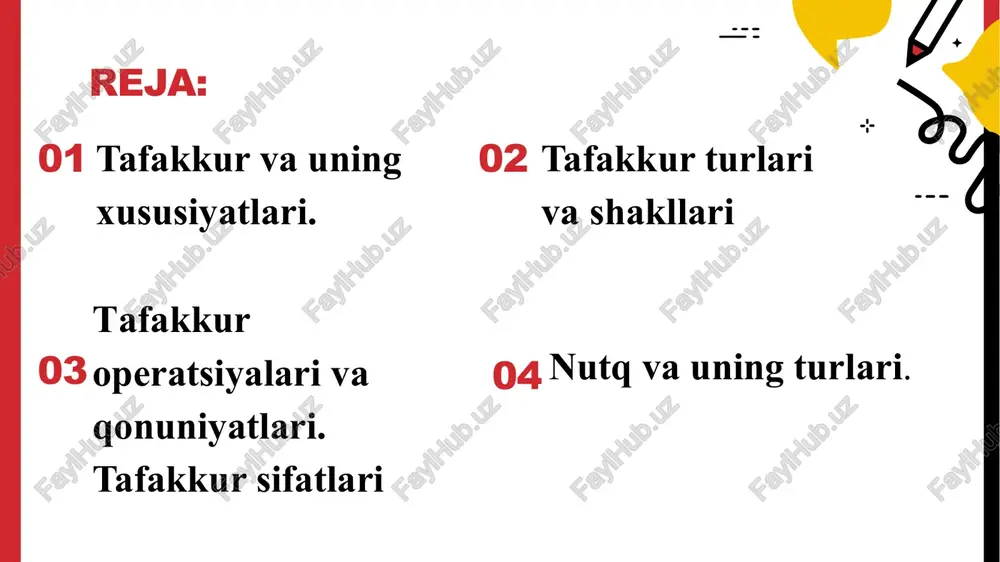 ktiv (ijodiy) «tafakkur – ijtimoiy sababiy, nutq bilan chambarchas bog`liq muhim bir yangilik qidirish va ochishdan iborat psixik jarayondir, boshqacha qilib aytganda, tafakkur voqelikni analiz va sintez qilish, uni bavosita va umumlashtirib aks ettirish jarayonidir tafakkur operatsiyalari quyidagilardan iborat: - analiz - sintez - taqqoslash -abstarksiyalash -umumlashtirish -tasniflash -tizimga solish sintez - shunday bir tafakkur operasiyasidirki, biz narsa va hodisalaming analizda bo’lingan, ajratilgan ayrim qismlarini, bo’laklarini sintez yordami bilan fikran va amaliy ravishda birlashtirib, butun holiga keltiramiz. sintez elementlaming, narsa va hodisalaming qismlari va bo’laklarini bir butun qilib ho’shishdan iborat aqliy faoliyat ekanligi ta'rifdan ko’rinib turibdi. analiz - bir tafakkur operasiyasidirki uning yordami bilan biz narsa va hodisalami fikran yoki amaliy jihatdan xususiyatlarini tahlil qilamiz. analiz jarayonida butunning uning qismlariga va elementlariga bo’lgan munosabati aniqlanadi. tahlil ob'ektlari amalda ajratib bolmaydigan elementlarga yoki belgilarga bo’iishda ifodalanishi mumkin. taqqoslash - shunday bir tafakkur operasiyasidirki, bu operasiya vositasi bilan ob'ektiv dunyodagi narsa va …