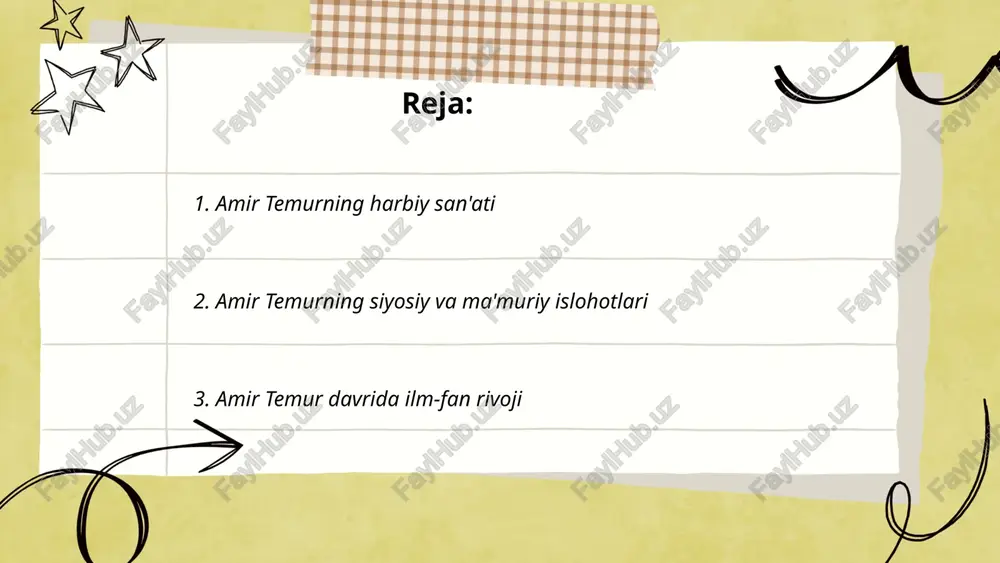 etilib, bu ilmiy markazda astronomiya bo'yicha muhim ishlar olib borildi. ulug'bekning "ziji-ko'ragoniy" asari jahon astronomiyasiga katta hissa qo'shdi. temur davrida, matematik va astronom al-koshiy o'nlik kasrlar tizimini rivojlantirdi. samarqand madrasalari o'sha davrning yetakchi ilmiy markazlariga aylandi va ko'plab yetakchi olimlar, jumladan qozizoda rumi va g'iyosiddin al-koshiy, bu yerda tahsil olishdi va faoliyat yuritishdi. ushbu davrda ilmiy tarbiya va falsafaning rivoji ham yuksak davlat siyosatiga aylantirilgan edi. ... t.me/slaydai_bot 4. amir temur va movarounnahr ijtimoiy-iqtisodiy holati amir temur davrida movarounnahrning ijtimoiy-iqtisodiy holati juda rivojlangan edi. uning hukmronligi (1370-1405) davrida samarqand va buxoro markaziy osiyoning madaniy va iqtisodiy markazlariga aylangan. ahmad bin muhammadning "temur tuzuklari" asarida aytilishicha, temur hukmronligi davrida soliq tizimi qat’iy tartibga solingan bo’lib, bu holat iqtisodiy o'sishga katta hissa qo'shgan. dehqonchilikka alohida e'tibor qaratilib, sug'orish kanallari va qishloq xo'jaligi infratuzilmasi yaxshilangan. hunarmandchilik va savdo ham rivojlanib, buyuk ipak yo'li orqali xalqaro savdo kengaygan. bu davrda samarqandda ko'plab madrasalar, masjidlar …