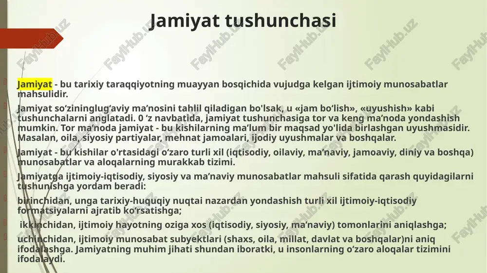 kelib chiqadi. obyektiv omillar sifatida tabiatni, unda kechadigan jarayonlarni, aholining qaysi hududda yoki iqlim sharoitida yashashligini ko'rsatib o‘tish mumkin. ilk jamiyatlar va sivilizatsiyalar yirik suv havzalari bo'yida yuzaga kelgan (misr, katta xorazm va boshqalar), shuningdek dehqonchilik va chorvachilikning rivojlanishi ham aynan hududiy va iqlim omili bilan bevosita bog‘liq. subyektiv omillar sifatida xalq, ijtimoiy guruhlar va tarixiy shaxslarning ongli faoliyatini ko‘rsatib o‘tish mumkin. muayyan bir siyosiy partiya va kuchlarning hokimiyat tepasiga kelishi mamlakatning ijtimoiy-iqtisodiy va siyosiy jihatdan rivojlanishiga yoki tanazzulga uchrashiga sabab bo‘ladi. masalan, fashistlarning germaniyada hokimiyat tepasiga kelishi nafaqat ushbu mamlakat, balki dunyo hamjamiyati uchun ham juda' katta talafotlarni keltirib chiqardi. aksincha, progressiv ^kuchlarning hokimiyat tepasiga kelishi jamiyatning rivojlanishida muhim omil bo‘lib xizmat qiladi. davlatgacha bo‘lgan jamiyatlarda ijtimoiy normalar va ijtimoiy hokimiyat jamiyat shakllanishining dastlabki davrida amalda bo‘lgan ijtimoiy normalar quyidagilar bilan tavsiflanadi: 1) mazmunan sodda va murakkab bo‘lmagan ijtimoiy munosabatlarni tartibga solgan. masalan, urug‘doshlar ichida kimga olovni uzatish vazifasining …