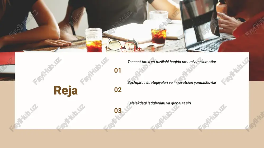 d keltiradi, ijtimoiy tarmoqlar esa foydalanuvchilar bilan o'zaro aloqani kuchaytiradi. e-commerce bo'limi onlayn savdoni rivojlantirishga yordam beradi, bulutli xizmatlar esa boshqa kompaniyalar uchun texnologik infratuzilmani ta'minlaydi. kelajak rejalari tencent kelajakda o'zining texnologik innovatsiyalarini davom ettirishni rejalashtirmoqda. yangi loyihalar va dasturlar orqali kompaniya o'z xizmatlarini yanada kengaytirishni va foydalanuvchilarga yangi imkoniyatlar taqdim etishni maqsad qilmoqda. tencent tuzilishi va bo'limlari ushbu slaydda tencent kompaniyasining tuzilishi, asosiy bo'limlari va ularning roli haqida ma'lumot beriladi. shuningdek, kompaniyaning kelajak rejalari ham ko'rib chiqiladi. tencentning global ta'siri innovatsion yondashuvlar tencent, global bozorning yetakchi o'yinchisi sifatida, innovatsion texnologiyalarni qo'llash orqali raqobatbardoshligini oshirishga intilmoqda. ularning asosiy innovatsiyalari orasida sun'iy intellekt, bulutli hisoblash va o'yin sanoatida yangi platformalar yaratish mavjud. bu yondashuvlar nafaqat foydalanuvchilar tajribasini yaxshilaydi, balki yangi bozorlarni ochish imkoniyatini ham yaratadi. raqobatbardoshlik strategiyalari tencent, raqobatbardoshligini saqlab qolish uchun global hamkorliklarni rivojlantirishga katta e'tibor qaratmoqda. ular bir qator strategik sherikliklar o'rnatgan, masalan, xalqaro o'yin ishlab chiqaruvchilari va texnologik …
