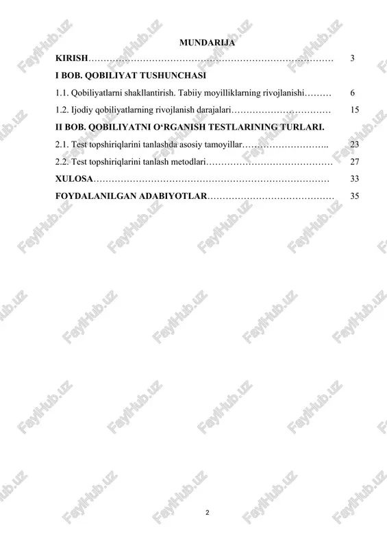atni o‘rganish va unga mos test topshiriqlarini tanlash zamonaviy ta’lim va psixologiya sohasida dolzarb mavzulardan biri hisoblanadi. hozirgi kunda inson qobiliyatlarini aniqlash, baholash va rivojlantirish muhim ahamiyat kasb etmoqda, chunki jamiyatning turli jabhalarida yuqori malakali mutaxassislarga ehtiyoj ortib bormoqda. qobiliyatni aniqlashga yo‘naltirilgan testlar ta’lim, kasbiy tanlov va psixodiagnostika jarayonlarida keng qo‘llaniladi. to‘g‘ri tanlangan testlar insonning kuchli va zaif jihatlarini aniqlash, unga mos keladigan yo‘nalishni tavsiya etish hamda qobiliyatlarini rivojlantirishga ko‘maklashadi. bugungi kunda ta’lim tizimida individual yondashuv tamoyili kuchayib borayotganligi sababli, shaxsiy qobiliyatlarni aniqlash va baholashning ilmiy asoslangan usullariga ehtiyoj ortmoqda. shuningdek, mehnat bozori doimiy ravishda o‘zgarib borayotgan sharoitda qobiliyatlarni o‘lchash usullari kasbiy yo‘naltirish va mehnat unumdorligini oshirish uchun muhim ahamiyatga ega. to‘g‘ri baholash natijasida har bir inson o‘z qobiliyatiga mos kasb tanlashi, o‘zini rivojlantirishi va jamiyatda o‘z o‘rnini topishi mumkin. shu sababli, mazkur kurs ishi dolzarb bo‘lib, qobiliyatni o‘rganish va test topshiriqlarini tanlash jarayonlarini ilmiy jihatdan tahlil qilish, mavjud usullarni …