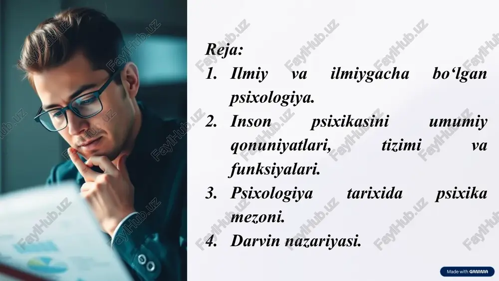 qali funksionalizm yondashuvini rivojlantirib, inson ongining amaliy jihatlarini oʻrganishga urgʻu bergan. ivan pavlov (1849–1936) – rossiyalik fiziolog boʻlib, klassik shartli reflekslar (klassik shartlashish) boʻyicha tadqiqotlar olib borgan. uning mashhur qoʻngʻiroq va it tajribalari inson va hayvonlarning oʻrganish jarayonlari haqidagi tushunchalarni tubdan oʻzgartirdi. 6 psixik faoliyatlar quyidagi jarayonlarni o’z ichiga oladi: bilish faoliyatlari: diqqat, nutq, faoliyat; bilish jarayonlari: sezgi, idrok, xotira, xayol, tafakkur; - shaxsning, hissiy, irodaviy sohasi: - hissiyot, iroda; - shaxsning individual psixologik xususiyatlari: temperament, xarakter, qobiliyat. psixika-? professor m.g.davletshin fikricha, psixika deganda - oliy darajadagi materiyaning (miyaning) xususiyati tushunilib, u ob'ektiv borliqni aks ettirilishida namoyon bo’ladi, sub'ekt faoliyatini ma'lum maqsad asosida yo’naltiradi hamda xulq-atvor negizida shakllanadi (1923.11.11, orenburg shahri — 2011) — psixolog olim, oʻzbekistonda xizmat koʻrsatgan fan arbobi (1975), psixologiya fanlari doktori (1972), professor (1972). psixika-? v.m.karimova fikricha psixika - inson ruhiyatining shunday holatiki, u tashqi olamni (ichki ruhiy olamni) ongli tarzda aks ettirishimizni, ya'ni bilishimiz, anglashimizni …