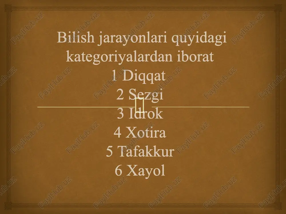 "diqqat ruhiy hayotimizning shunday yagona eshigidirki, ongimizga kiradigan narsalarning barchasi shu eshik orqali o ’tib kiradi" degan fikrlari uning ahamiyatini bildiradi. haqiqatdan ham diqqat eshigidan tashqarida qolgan narsa ongimizga yetib bormaydi. diqqat turlari ! odam ayrim narsalarga o ’z diqqatini ongli ravishda o ’zi hohlab qaratsa, boshqa bir narsalar diqqatni beixtiyor ya’ni bizning hohishimizdan tashqari jalb qiladi. odam psixik faoliyatining muayyan ob'ektga y o ’naltirilishi va to’planishida ifodalanadigan diqqat quyidagi turlarga b o’linadi. > diqqatning aktivligiga qarab - ixtiyorsiz, ixtiyoriy va ixtiyoriydan so ’nggi diqqat. > diqqatning ob'ektiga qarab - tashqi va ichki diqqat > diqqatning faoliyat turlariga qarab - individual, guruhiy va jamoaviy .ayrim adabiyotlarda diqqatning ikkita va ayrimiarida uchta deb ko’rsatiladi. ular ixtiyorsiz diqqat, ixtiyoriy diqqat va ixtiyoriydan so’nggi diqqat turlaridan iboratdir.  ixtiyorsiz diqqat deb to’satdan ta’sir qilgan biror sabab tufayli bizning hohishimizdan tashqari hosil bo’ladigan diqqatga aytiladi. odamning ko’z o ’ngida paydo bo’ladigan juda yorqin rangli …
