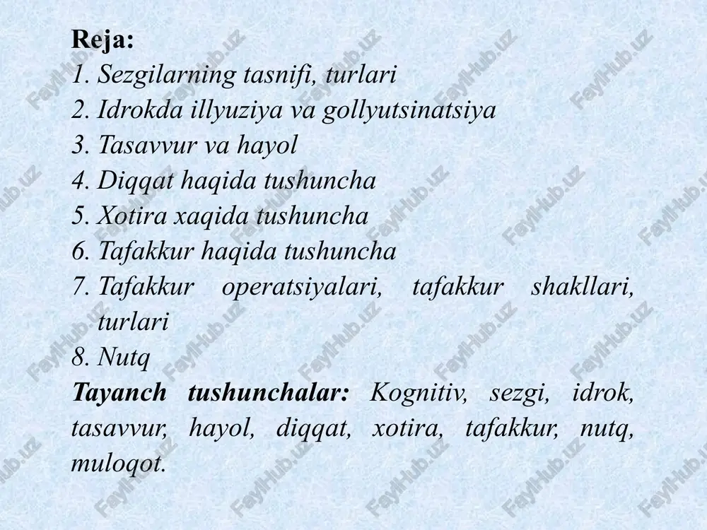 zmning o`zi ham faoliyatda bo`lishi kerak. sezgi retseptorga ta`sir qilib turgan qo`zg`atuvchining maxsus quvvatini nerv jarayonining quvvatiga aylanishidan hosil bo`ladi. sezgi faqat hissiy organning komponentigina emas, balki faoliyat tarkibidir. sezgi psixik hodisa bo`lib, agar javob reaktsiya bo`lmasa yoki javob reaktsiyasi “mos” bo`lmasa hosil bo`lmaydi. sezgi a`zolari harakat a`zolari bilan bog`liq. bu a`zolar bajaradigan vazifa qo`lda joylashgan. sezgi psixik hodisalar kabi reflektor tabiatga egadir. sezgilarning fiziologik asosini qo`zg`atuvchining o`ziga adekvat bo`lgan analizatorga ta`sir natijasida yuzaga kelgan nerv jarayoni tashkil etadi. analizator tashqi va ichki muhitdan keladigan taassurotlarni qabulqilib olib, fiziologik bo’lgan qo’zgalishni psixik jarayonga, ya’ni sezgilarga aylantiruvchi nerv mexanizmlari tizimidir. sezgirlik a’zolarning o’ziga ta’sir etib turgan qo’zg’ovchilarning salgina yoki unchalik farq qilinmaydigan ta’sirini ajrata olish qobiliyati hisoblanadi. sensor sezgilar sezgi a’zolariga taalluqli bo’lib, sensorika-sezgiva idrokni umumlashtiruvchi tushunchadir. sezgi turlari: ko’rish ; eshitish; ta’m bilish; hid bilish; teri orqali; muskul-harakat ; statik; organik sezgilar. ko’rish sezgilari insonlar tomonidan rang va yorug’likni sezish …