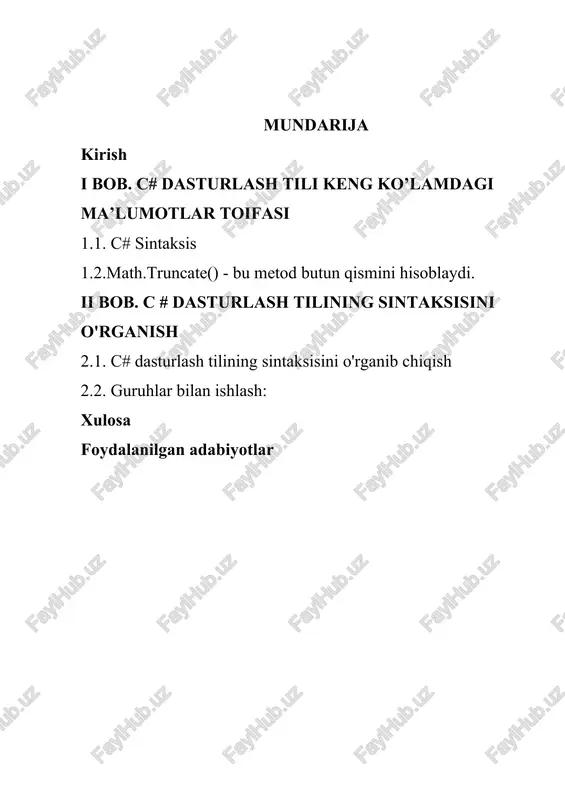 rlash tillarining asosini sinf tashkil qiladi. qo’llanmaning ikkinchi bobi microsoft visual studio 2010 muhitida c# dasturlash tili yordamida fayllar bilan ishlash, ular ustida bajariladigan amallarga bag’ishlangan. bunda fayl va kataloglar ro’yxati ustida bajariladigan barcha metodlar o’rganib chiqilgan. bunda fayl va kataloglar ustida bajariladigan metodlar o’rganilib misollar orqali tushuntirib berilgan. ma’lumotlarni faylda yozish va o’qish oqimlari bo’yicha mavjud metodlar o’rganilib misollar orqali tushuntirib berilgan. har bir operatorning funksional imkoniyatlari misollar orqali tushuntirib berilgan. i bob. c# dasturlash tili keng ko’lamdagi ma’lumotlar toifasi 1.1. c# sintaksis 1-qator: nomlar maydonidan using system sinflardan foydalanishimiz mumkinligini anglatadi. 2-qator: bo'sh qator c# bo'sh joyni e'tiborsiz qoldirmaydi. biroq bir nechta satr kodni o'qishni yanada qulay qiladi. 3-qator: namespace kodingizni tartibga solish uchun ishlatiladi va u sinflar va boshqa nomlar uchun konteynerdir. 4-qator: jingalak qavslar {} kod blokining boshi va oxirini belgilaydi. 5-qator: class ma'lumotlar va usullar uchun konteyner bo'lib, u sizning dasturingizga funksionallik keltiradi. c# da …