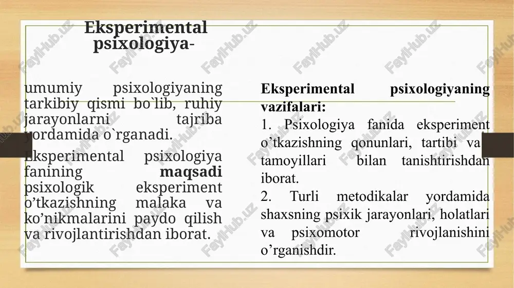 boshlagan. psixologiyada ilk bor psixometrik yo‘nalish asoschisi f.galton testlar yaratgan. dastlabki test aqlni o‘lchash metodi sifatida qo‘llanildi, keyinchalik esa undan shaxsni, uning reaktsiyalarini o‘rganishda foydalanila boshlandi. psixodiagnostikada yangi metodlarni ishlab chiqish psixiatrik shifoxonalarning ehtiyojlari tufayli kuchaytirildi. keyinchalik esa kasb tanlash ishlari bilan bog‘liq psixotexnikaning taraqqiyoti bilan yanada rivojlantirildi. eksperimental psixologiyaning shakllanish tarixi mashhur ingliz olimi f.gal’ton 1884 –1885 yillar davomida bir necha seriyalardan iborat tajribalar o’tkazdi. bunda 5 dan 80 yoshgacha bo’lgan hoxlovchilar arzimagan haq evaziga laboratoriyada o’z kuchi, reaktsiya tezligi; organizmning xislatlarini 17 ko’rsatkich bo’yicha tekshirishlari lozim edi. bu ko’rsatkichlar qatoriga shuningdek, bo’yi, oq’irlik, o’pkaning tiriklik siq’imi, kaft va musht kuchi, harflarni eslab qolish qobiliyati, ko’rish o’tkirligi, rangni farqlash kabi ko’rsatkichlar ham kiritildi. to’liq dastur bo’yicha hammasi bo’lib 9337 kishi tekshirilib chiqildi. f.gal’tonning fikriga ko’ra, testni o’tkazish eksperimentni talab etadi. shunday qilib, eksperiment fanning haqiqiy asosi, poydevori deb qarala boshlandi. bu haqida dj.kettell ham ta’kidlab o’tgan: qachonki asosini eksperiment …