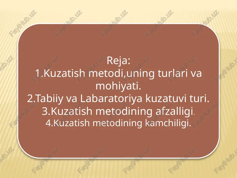 a hayotiga tabiiy ravishda qo’shiladi va zimdan kuzatish ishlarini olib boradi. bu bir qarashda kontrrazvedkachilarning faoliyatini ham eslatadi. shu yo’l bilan olingan ma’lumotlar bir tomondan tabiiyligi va mufassalligi bilan qimmatli bo’lsa, ikkinchi tomondan, agar kuzatuvchida konformizm xislati kuchli bo’lsa, o’zi ham guruh hayotiga juda kirishib ketib, undagi ayrim hodisalarni sub’ektiv ravishda qayd etadigan bo’lib qolishi ham mumkin. tashqi kuzatishda ba’zan tafakkur bo’yicha ham ma’lumotlar olish: ish ustidagi kayfiyatini, fikrning muayyan ob’ektga yo’naltirilganligini, tashqi o’zg’atuvchilar ta’siriga berilmaslikni, chehradagi tashvish va iztirobni, ko’zdagi g’ayritabiiylikni, shuningdek, sinchkovlik, teranlik, termulish kabi ruhiy holatlarni kuzatib, tafakkurning kechishidagi o’zgarishlarni aniqlash mumkin. bulardan tashqari, qo’lning titrashi, asabiylashish, nutqning buzilishi, hissiyotning beqarorlashuvi ham inson ruhiyatidagi o’zgarishlar bo’yicha ma’lumot beradi. 9 psixologiya fanida o’zini o’zi kuzatishdan (introspeksiyadan) ham foydalaniladi. ko’pincha tajribali psixolog yoki malakali mohir o’qituvchi, salohiyatli rahbar o’zini o’zi kuzatish orqali ilmiy xulosa chiqara biladi. masalan, o’z tafakkurini kuzatib o’zidagi emotsional o’zgarish haqida, shuningdek, tafakkurning ichki mexanizmlari vujudga …