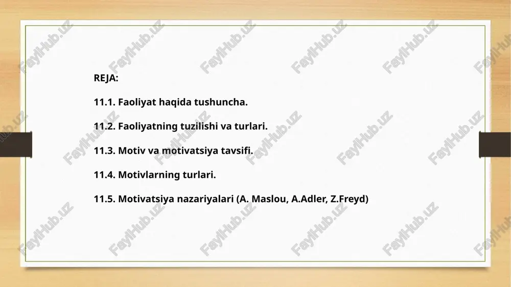 ish shakli bo‘lib hisoblanadi, bu esa, har bir faoliyatning undovchi sabablarga ega bo‘lishi va ma’lum natijalarga erishishga yo‘naltirilishini bildiradi. shunday qilib, faoliyatni odamga xos bo‘lgan, ong tomonidan boshqariladigan, ehtiyojlarni qondirishda yuzaga keladigan, tashqi olam va insonni bilish, shuningdek, ularni o‘zgartirishga qaratilgan faollik sifatida ta’riflash mumkin. faoliyat predmetlilik va sub’ektlilik xususiyatlariga ega. faoliyat predmeti deb, u bevosita shug‘ullanadigan hodisalarga aytiladi. masalan, bilish faoliyatining predmeti bo‘lib, har xil turdagi axborotlar xizmat qiladi, o‘quv faoliyatining predmeti – bilim, malaka va ko‘nikmalar, mehnat faoliyatining predmeti – yaratilgan muayyan moddiy mahsulot hisoblanadi. faoliyat sub’ekti bo‘lib odam, individ hisoblanadi. faoliyatning predmeti va sub’ektidan tashqari, ushbu tushuncha bilan faoliyat vositalari va natijalari ham bog‘liq. faoliyatni amalga oshirishda odam uchun mehnat vositalari sifatida u yoki bu harakat va muolajalarni bajarishda foydalanadigan asboblar tushuniladi. faoliyat natijalari bo‘lib, moddiy yoki ma’naviy xususiyatga ega bo‘lgan yaratilgan mahsulotlar hisoblanadi. shunday qilib, faoliyat quyidagi belgilari bilan farqlanadi: - faollikning ichki motivga ega shaklidir; …