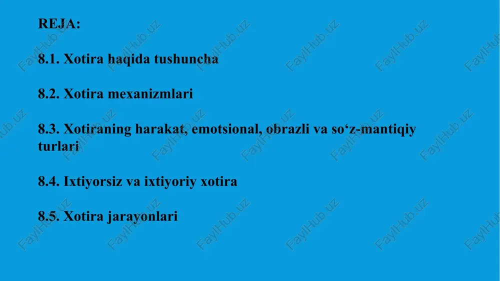 angan nazariyalarga psixologik nazariyalar kiradi. bu nazariyalar xotira jarayonlarini tarkib toptirishda sub‘ektning faolligiga qanday o‘rin berilganligiga, sub‘ekt faolligining o‘ziga qanday qaralganligiga bog‘liq ravishda klassifikatsiya qilinadi. shunday oqimlardan biriga assotsiativ nazariya kiradi. assotsiativ nazariyaning asosiy tushunchasi assotsiatsiya tushunchasidir. assotsiatsiya – aloqa boglanish degan ma’noni bildiradi va hamma psixik hodisalarni tushuntiruvchi universal mexanizm sifatida karaladi. ularning fikricha, agar ma’lum psixik hodisalar inson ongida ayni bir vaqtning o‘zida bir-biridan ketma-ket hosil bo‘lgan bo‘lsa, ular o‘rtasida biron-bir elementi qayta ta’sir qilsa yoki qayta namoyon bo‘lsa, ongimizda assotsiativ aloqaning barcha elementlarini qayta tiklashga olib keladi. shunday qilib, assotsiatizm ikkita ta’sirot o‘rtasidagi aloqa bog‘lanishning zaruriy va yetarli asosi-bu ta’sirlarning inson ongida ayni bir vaqtning o‘zida namoyon bo‘lishi deb hisoblaydi. assotsianistlar quyidagi assotsiatsiya hosil bo‘lishida asosiy sharoitlarni ko‘rsatadilar: a) tegishli ob’ektlarning zamon va makon izchilligi; b) ob’ektlarning bir-biriga o‘xshashligi, ob’ektlarning bir-biridan farqi, qarama-qarshiligi. shu sharoitlarga mos ravishda uch turli assotsiatsiya ajratilgan: izchillik assotsiatsiyasi, o‘xshashlik assotsiatsiyasi, kontrastlik assotsiatsiyasi. …