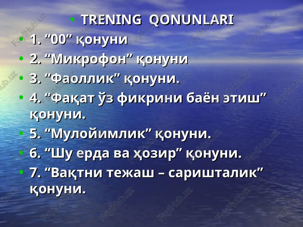 xozirjavob, sergap, kirishimli, o'ziga ishongan, o'ziga qarata oladi, chexrasi ochik o'zlarini yaxshi xis qilish, ijodkorlik, kuch ya'ni energiya ularga odamlardan, predmetlardan o'tadi. jamoatda ular o'zlarini yaxshi his qiladilar, yaxshi fikrlaydilar va ijod qiladilar. xayolidagi o'ylari tashqarida sergap va faol yolg'izlik ularni charchatadi xotirjamlik, o'zini yaxshi his qilish, xayot faoliyatidagi barcha kerakli jixatlar insonning ichki xissiyotlariga va xayollariga yo'naltirilgan . qaerda bo'lishlaridan qat'- iy nazar yolg'izlikda o'zlarini yaxshi xis qiladilar xissiyotlarga beriluvchan hamma o'ylari ichida o'z xayollari bilan yuradilar xoleriklar xoleriklarning asab tizimi kuchli, og'ir qiyinchiliklarni en- gishga bardoshi etadi. lekin iro- dasiz, darrov portlaydilar. eng alohida ajralib turadigan xarak ter xususiyatlaridan biri, ular - ning beqarorligidir. bu narsa ularda jaxldorligi va tez yonib ketishi bilan ifodalanadi. ular hukumronlikka intiluvchi kishi -lar. tez xarakat qilish va tez xal qilishga qodirlar. qo'yilgan maqsad sari tinmay intiladilar. o'z qarorlarini ro'yobga chiqarmay qo'ymaydilar. kayfiyatlari tez– tez sababsiz o'zgarib turadi. sangviniklar sangviniklarlarning asab tizimi kuchli …