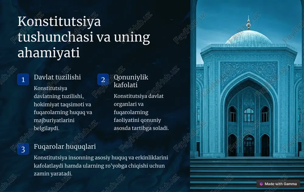 hayot huquqi konstitutsiya insonning eng asosiy huquqi - hayot huquqini kafolatlaydi. https://gamma.app/?utm_source=made-with-gamma konstitutsiyaning organlar tashkil etish, ularning vakolatlari va o'zaro munosabatlarini tartibga solishdagi roli 1 davlat hokimiyati konstitutsiya davlat hokimiyatini qonuniy asosda belgilaydi. 2 hokimiyatlar bo'linishi konstitutsiya davlat hokimiyatini qonun chiqaruvchi, ijro etuvchi va sud hokimiyatlariga bo'lib beradi. 3 o'zaro nazorat konstitutsiya organlar o'rtasidagi o'zaro nazorat va muvozanatni ta'minlaydi. https://gamma.app/?utm_source=made-with-gamma konstitutsiyaning davlat hokimiyatini tashkil etish va chegaralash mexanizmlaridagi roli qonun chiqaruvchi hokimiyat konstitutsiya parlamentning tashkil topishi va faoliyatini tartibga soladi. ijro etuvchi hokimiyat konstitutsiya hukumatning tashkil topishi va vakolatlarini belgilaydi. sud hokimiyati konstitutsiya sudlarning mustaqilligini va adil sudlovni ta'minlaydi. https://gamma.app/?utm_source=made-with-gamma xulosa va tavsiyalar konstitutsiyaning ahamiyati konstitutsiya - davlat va jamiyatning asosiy qonuni, uning barqarorligi va rivojlanishining kafolati. konstitutsiyaning roli konstitutsiya davlat hokimiyatini tashkil etish, fuqarolarning huquq va erkinliklarini ta'minlashda muhim ahamiyatga ega. tavsiyalar konstitutsiyada aks etgan qoidalarni hayotga tatbiq etish davlatning taraqqiyoti uchun muhim. https://gamma.app/?utm_source=made-with-gamma