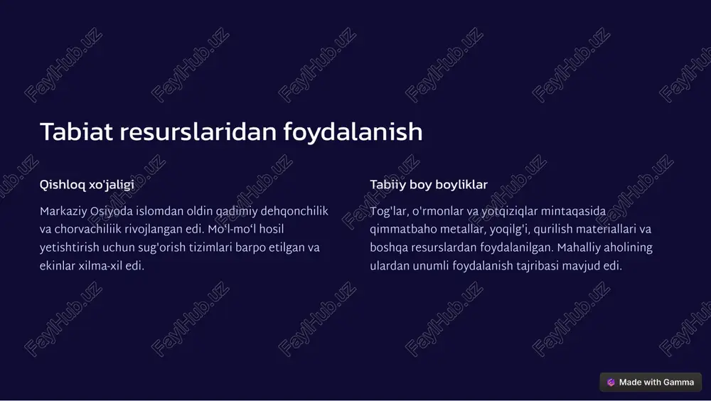 . https://gamma.app/?utm_source=made-with-gamma xo'jalik shakllari va ekologik muvozanati dehqonchilik yer ishlov berish, sug'orish va hosil yetishtirishning rivojlangan usullari ekoosistema muvozanatini saqlashga yordam bergan. chorvachilik ko'chmanchi va yarimo'troq cho'ponda yashovchilar cho'l va tog' yaylovlaridan muvozanatli foydalanish an'analarini rivojlantirgan. o'rmon xo'jaligi tog'li hududlardagi o'rmonlardan oqilona foydalanish, yangi daraxtzorlar yaratish tabiiy ekotizimlarni saqlab qolishga xizmat qilgan. konchilik tog'lardagi qurilish materiallari va metallarni qayta ishlash sanoati ekologik muvozanatga salbiy ta'sir ko'rsatgan. https://gamma.app/?utm_source=made-with-gamma yog'in-sochin va iqlim o'zgarishlari 1 ilk davrlar eng qadimgi geologik va arxeologik yodgorliklar markaziy osiyo iqlimining o'zgaruvchan ekanligini ko'rsatadi. 2 nisbatan namli iqlim miloddan avvalgi ii-i ming yilliklarida mintaqada nisbatan nam iqlim hukmron bo'lgan. 3 quruq davrlar miloddan avvalgi i-i ming yillikda esa hudud quruq va issiq iqlimga ega bo'lgan. 4 hozirgi vaqt so'nggi asrlarda issiqlik va quruqlik darajasi yana ortib bormoqda. https://gamma.app/?utm_source=made-with-gamma qadimgi madaniyat va atrof-muhit daraxt ikonografiyasi qadimgi madaniyatlarda daraxtlar, asosan chinar va chinor, ilohiy ramzlar sifatida ishlatilgan. ular hayot, barqarorlik …