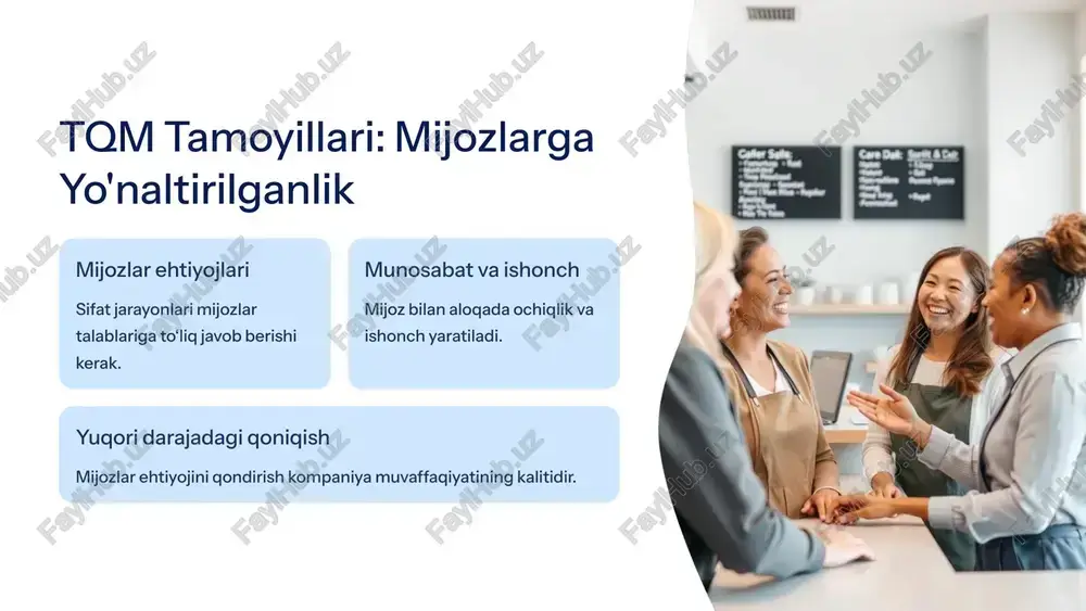 ida tqm natijalari: samaradorlik oshishi ish jarayoni yaxshilandi hamkorlik va jarayon monitoringi natijasida resurslar tejaldi keraksiz chiqindilar kamaytirildi tezlik oshdi mahsulot yetkazib berish va ishlab chiqarish tezlashdi 9 xulosa: tqm ishlab chiqarishdagi muhimligi va nestle tajribasi sifatni oshirish doimiy takomillashtirish bilan yuqori mahsulot sifati 1 xodimlarni jalb qilish vakolat va ishtirok orqali samaradorlik oshadi 2 samaradorlik resurslarni tejash va jarayonlarni optimallashtirish 3 nestle tqm tamoyillarini muvaffaqiyatli qo‘llab, sifat va samaradorlikda lider. 10 image1.png image2.png image3.png image4.png image5.png image6.png image7.png image8.png image9.png image10.png image11.png image12.png image13.png image14.png image15.png