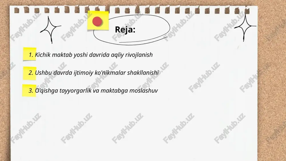 olalar kuniga 8-10 soat uxlashlari kerak, chunki yetarli uyqu ularga maktabda diqqatni jamlashga yordam beradi. shuningdek, maktabgacha ta'lim olgan bolalar maktabda 48% yaxshiroq natijalarga erishadi. ota-onalar maktabning birinchi oyida bolalarining moslashuvini kuzatishlari kerak, chunki dastlabki 30 kun juda muhim hisoblanadi. bolalar uchun sog'lom nonushta tayyorlash ham muhim bo'lib, bu ularga ertalabki darslar vaqtida energiya va konsentratsiyani saqlashga yordam beradi. maktabda ijtimoiy ko'nikmalar rivojlanishi uchun gruppa ishlari va o'yinlar foydalidir. ... t.me/slaydai_bot 4. e'tibor va diqqatning rivojlanishi e'tibor va diqqatning rivojlanishi hayotimizda muhim ahamiyat kasb etadi. insonga bergan ma'lumotlarning 80% ni idrok etishda, diqqatning samaradorligi katta rol o'ynaydi. kichik yoshdagi bolalarda diqqat jamlanishi 5-10 daqiqa atrofida bo'lib, yoshi oshgani sari bu muddat ortib boradi. 18 yoshga borguncha, odatda bu muddat 20-25 daqiqaga yetadi. diqqatni rivojlantirish uchun maxsus mashqlar va treninglar o'tkazilishi tavsiya etiladi. masalan, meditatsiya yoki diqqat jamlash mashqlari diqqatni oshirishga xizmat qilishi mumkin. shuningdek, sifatli uyqu va sog'lom oziqlanish ham …
