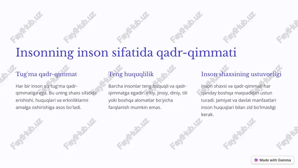 //gamma.app/?utm_source=made-with-gamma diskriminatsiya va unga qarshi kurash diskriminatsiya turlari irkiy, jinsiy, yosh, nogironlik, diniy va boshqa belgilar asosidagi har qanday farqli munosabat diskriminatsiya hisoblanadi. qonuniy himoya insonlarning inson sifatidagi qadr-qimmati, teng huquqliligi va diskriminatsiyadan himoyalanish huquqi qonun bilan ta'minlanadi. tarixiy kurashlar inson huquqlari uchun kurashlar natijasida ko'plab qonunlar va institutsional o'zgarishlar ro'y berdi. hozirgi chaqiriqlar turli shakllardagi yangi diskriminatsiya ko'rinishlari va namoyon bo'lish usullari uchun doimo kurash olib borish lozim. https://gamma.app/?utm_source=made-with-gamma ahloqiy tamoyillar va inson huquqlari 1 insonning tug'ma qadr-qimmati inson huquqlarining asosiy negizi - har bir insonning tug'ma, bekor qilib bo'lmaydigan qadr-qimmatidir. 2 insonlarning teng huquqliligi irqi, jinsi, dini, tili yoki boshqa belgilari bo'yicha farqlanmagan holda barcha insonlar teng huquqlarga egadir. 3 adolatlilik va murosasizlik har bir inson adolatli munosabat va diskriminatsiyadan himoyalanish huquqiga ega. murosasizlik abjad turlarida qoralanadi. 4 shaxs erkinliklari inson erkin fikrlash, so'z, yig'ilish va boshqa siyosiy va fuqarolik erkinliklariga ega bo'lishi kerak. 5 munosib hayot darajasi …