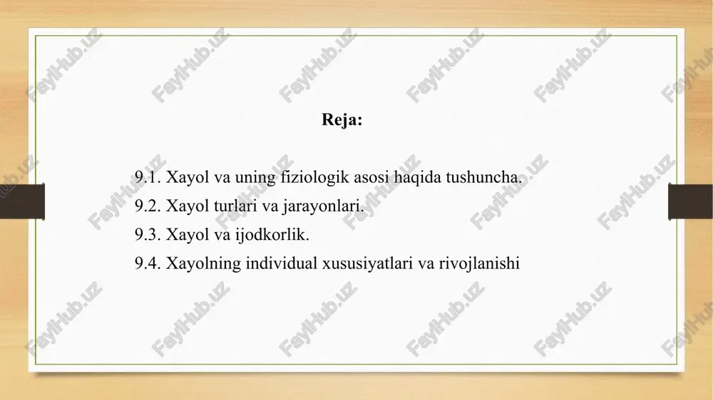 ra tasavvurlaridan ularda inson hali duch kelmaganlari aniqlanishi va shu tarkibda bo‘lishi bilan farq qiladi. bular inson ko‘z o‘ngida sodir bo‘lmagan va bo‘lishi mumkin bo‘lmagan hodisalar, dalillar, voqealardir. xayol obrazlari o‘zida sodir bo‘lishi kutilgan voqea va hodisalarni tutishi mumkin. shu bilan birga, xayollarda kashf etilgan yangilik doimo haqiqatda mavjud bo‘lganlar bilan u yoki bu darajada bog‘langan bo‘ladi. xayol obrazlari idrok obrazlariga, shuningdek, xayolda chuqur o‘zgarishlarga uchraydigan xotira tasavvurlariga ham tayanadi. insonning individual taraqqiyoti jarayonida xayol tafakkur bilan uzviy aloqada shakllanadi. xayol obrazlarini tuzish inson aqliy taraqqiyotining yuqori darajasidagina amalga oshishi mumkin. ko‘p hollarda xayol yangi echimni topish zaruriyati tug‘ilganida, ya’ni, harakatdan o‘zib ketgan holda aks ettirish talab etilgan muammoli vaziyatda yuzaga keladi. xayol natijasida inson kelajakni oldindan ko‘ra oladi va o‘z hulq-atvorini boshqaradi, atrof-olamni ijodkorlik bilan o‘zgartiradi. xayol – mehnat faoliyatida shakllangan psixik faollikning maxsus tarzda inson tomonidan ifodalanishi. xayol voqelikni avvaldan aks ettirishni ta’minlaydi, bunda o‘tmishning kelajakdagi proeksiyasi hosil …
