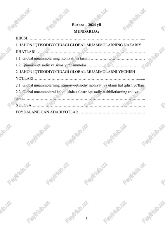 uammolari); · tabiiy va iqtisodiy rivojlanish bilan bog'liq muammolar (ekologik, energetika, xom ashyo, oziq-ovqat, okeanlar); · global muammo jahon iqtisodiyoti · paydo bo'lishi va hal etilmaganligi odamlarning ommaviy o'limiga olib keladigan aralash muammolar (harbiy, mintaqaviy mojarolar, jinoyatlar, texnologik avariyalar, tabiiy ofatlar); · ijtimoiy muammolar (demografik, millatlararo, madaniy, sog'liqni saqlash); · ilmiy muammolar (kosmik tadqiqotlar, turli sohalarda uzoq muddatli prognozlash). global muammolarni hal qilish uchun ma'lum shartlar kerak bo'ladi, ular quyidagilarni o'z ichiga oladi: birinchidan, har yili qariyb 1 trillion dollarni tashkil etuvchi harbiy xarajatlarni qisqartirish orqali jahon iqtisodiyotini rivojlantirish va mustahkamlash uchun aniq shart-sharoitlar yaratish zarur. ikkinchidan, iqtisodiy barqarorlikni, barcha uchun iqtisodiy imkoniyatlar tengligini ta’minlash maqsadga muvofiqdir. uchinchidan, ekologik muammolarni jadal rivojlantirish va hal etish maqsadga muvofiqdir. to‘rtinchidan, ekologiya sohasida xalqaro hamkorlikni kengaytirish va mustahkamlash zarur. kurs ishining maqsadi jahon iqtisodiyotidagi global muammolar va ularni hal qilish yo‘llarini o‘rganishdan iborat. ushbu maqsadga erishish uchun quyidagi vazifalar to'plamini belgilash va hal …