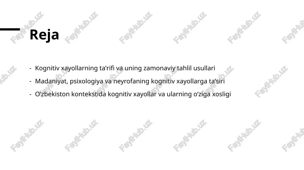 ga yordam beradi. 3 nevrologik asoslar neyronlar va miyada joylashgan strukturalar kognitiv xayollarning biologik asosini tashkil etadi, ular signal o'tkazish va ma'lumotlarni qayta ishlashda muhim rol o'ynaydi. 4 ilmiy metodlar zamonaviy texnologiyalar, masalan, fmri va eeg, kognitiv jarayonlarni o'rganishda keng qo'llaniladi, bu usullar aniq va ob'ektiv natijalar beradi. kognitiv xayollarning psixologik asoslari va ularning shakllanishi kognitiv mexanizmlar kognitiv xayollarning psixologik asoslari miyada faoliyat yuritadigan ma'lumotlarni qayta ishlash va tahlil qilish jarayonlariga asoslanadi. bu mexanizmlar orqali insonlar muhitni anglaydi va unga mos javoblar beradi. shakllanish jarayoni kognitiv xayollarning shakllanishi yoshdan, tajribadan va madaniyatdan ta'sirlanadi. bu jarayon rivojlanish va o'zgarish bilan bog'liq bo‘lib, insonning fikrlash qobiliyatini mustahkamlashga yordam beradi. psixologik omillar emotsiyalar, motivatsiya va individual tafakkur tarzlari kognitiv xayollarning shakllanishida muhim rol o‘ynaydi. psixologik holatlar ularning sifatini va o‘ziga xosligini belgilaydi. madaniyat va neyrofaning kognitiv xayollarga ta'siri: milliy va global nuqtai nazar madaniyatning ta'siri madaniyat kognitiv xayollarga ta'sir qilishda muhim rol o'ynaydi, …