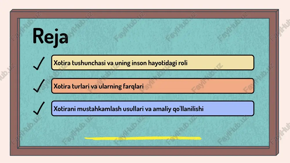 barqarorlik va keng qamrovda. ishchi xotira esa faol vazifalar uchun ma'lumotlarni tezkor ishlash uchun javobgardir. har bir xotira turi o'zining afzalliklari va kamchiliklariga ega. qisqa muddatli xotira tez va samarali, ammo cheklangan, uzoq muddatli xotira esa barqaror va ko'p ma'lumotni saqlaydi. amaliyotda, ta'lim, ish va kundalik hayotda har xil xotira turlari muhim rol o'ynaydi. xotirani mustahkamlash usullari asosiy usullar takrorlash - ma'lumotlarni takroriy o'rganish va uzoq muddatli xotirada saqlash. vizualizatsiya - tasvirlar va diagrammalar yordamida xotira mustahkamlanishi. boshqa usullar va ularning afzalliklari mantiqiy bog'lanish - yangi va oldingi bilimlarni bog'lash. o'zaro ta'sir va mnemonikalar – faol qatnashish va interaktiv metodlar. xotirani amaliy qo'llanilishi xotirani amaliy hayotda ta'limda, ish joyida va kundalik hayotda qo'llash mumkin. masalan, o'qishda texnikalar, muhim hujjatlarni yodda saqlash, ro'yxat va telefon raqamlarini memorizing qilish. repetitsiya, mnemonika va stressni kamaytirish yordamida xotira mustahkamlanadi. xulosa xotira inson hayotida muhim o'rin tutadi va shaxsiy rivojlanishga asosiy turtki bo'ladi. xotira tushunchasi, …