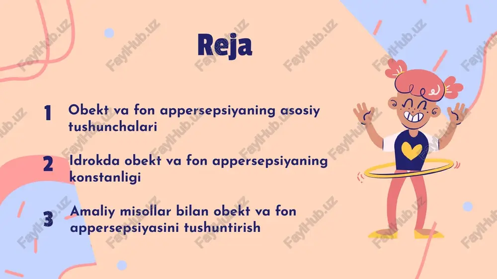 obyektlarni aniq identifikatsiya qilamiz va ularni atrofdagi muhitdan ajratamiz. appersepsiyaning konstanligi va misollar appersepsiyaning konstanligi obekt va fon appersepsiyasida idrokning barqarorligi va o'zgarmasligini anglatadi. odamlar muhitdagi obektlarni doimo bir xil shakl va rangda tanib oladilar, hatto muhit sharoitlari o'zgarsa ham. masalan, quyosh nuri ostida obektning rangi o'zgarmaydi. bu idrokda muhim bo'lib, psixologiya va nevrologiyada o'rganiladi. photo by kelly sikkema on unsplash amaliy misollar: obekt va fon appersepsiyasi obekt va fon misollari kundalik hayotda va san'atda obekt va fon o'rtasidagi munosabatlarni ko'rish mumkin. ranglar va fon ranglar va fon o'rtasidagi munosabatlar psixologik ta'sir ko'rsatadi, diqqatni tortadi va estetik qiziqishni oshiradi. ovozlar va ta'sirlar ovozlar va fon shovqini idrokda muhim rol o'ynaydi, ular psixologik holat va diqqatni ta'sir qiladi. tasvirlar va kontekst tasvirlar va kontekst obekt va fon appersepsiyasida muhim, ular bilan bog'liq ma'lumotlar idrokni shakllantiradi. photo by hrant khachatryan on unsplash obekt va fon appersepsiyasining ta'siri obekt va fon appersepsiyasi idrokda …