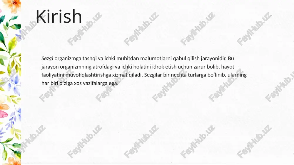 ki holatini nazorat qiladi, masalan, yurak urishi, qon bosimi yoki mushaklarning holati. bu sezgilar ichki organlardan keladigan signal va malumotlarni qabul qilib, ularni bosh miyaning tegishli sohalariga yuboradi. natijada organizm o‘z holatini muvozanatda ushlab turadi. proprioreseptiv sezgilar va harakat nazorati proprioreseptiv sezgilar mushaklar, bo‘g‘imlar va bog‘lamlardagi pozitsiya va harakatlarni aniqlaydi. bu sezgilar tananing joylashuvi va harakatlarini kuzatib borishga xizmat qiladi. ular harakatlarni muvofiqlashtirishga, muvozanatni saqlashga yordam beradi va insonning keng spektrdagi harakatlarni bajarishini taminlaydi. xulosa sezgilar organizmning tashqi va ichki dunyosini idrok etishida muhim rol o‘ynaydi. ekstroreseptiv, interoreseptiv va proprioreseptiv sezgilar birgalikda organizmning mukammal funktsiyasini taminlaydi. ularning har biri muayyan vazifalarni bajarib, hayot faoliyatining muvofiqlashtirilishini taminlashda zarurdir. sezgi tizimini tushunish ilmiy va amaliy sohalarda katta ahamiyatga ega. thanks do you have any questions? youremail@freepik.com +00 000 000 000 yourwebsite.com please keep this slide for attribution credits: this presentation template was created by slidesgo, and includes icons, infographics & images by …