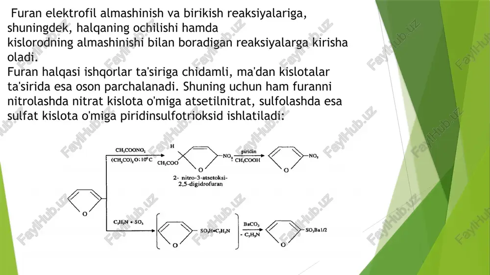 n strukturaviy o'xshashligini ko'rsatadi. piridin halqasi deyarli to'g'ri oltiburchak bo'lib, s - s bog'larning uzunligi benzol s - s bog'larining uzunligiga yaqin, s - n bog'ining uzunligi esa aminlardagiga nisbatan qisqa: elektron zichliklarining yig'indisi molekuladagi ya-elektronlarning umumiy soniga teng, ya'ni 0,822+0,947+0,947+0,849+1,586=6 . azot yadroning elektron zichligini o'ziga tortadi va natijada uglerod atomlaridagi elektronlar zichligi benzol molekulasidagi tegishli elektronlar zichligidan, ya'ni 1 dan kamayadi: shuning uchun ham piridinning elektrofil almashinish reaksiyalariga kirishish qobiliyati benzolga nisbatan kuchsiz. piridindagi 3 - va 5 - uglerod atomlarida (ft - va ft - holatlarda) - elektronlarning zichligi birmuncha katta bo'lganidan elektrofil almashinish reaksiyalarida reagentlarning hujumi birinchi navbatda shu atomlarga qaratiladi. 2 -, 4 - va 6 - uglerod atomlarida (a a1 - va - holatlarda) esa elektronlar zichligi kichik, shuning uchun ham ular nukleofil almashinish reaksiyalariga kirishish qobiliyatiga ega piridin suv bilan ammoniy gidroksidga o'xshash birikma hosil qiladi, shuning uchun piridinning suvdagi eritmasi qizil lakmusni …