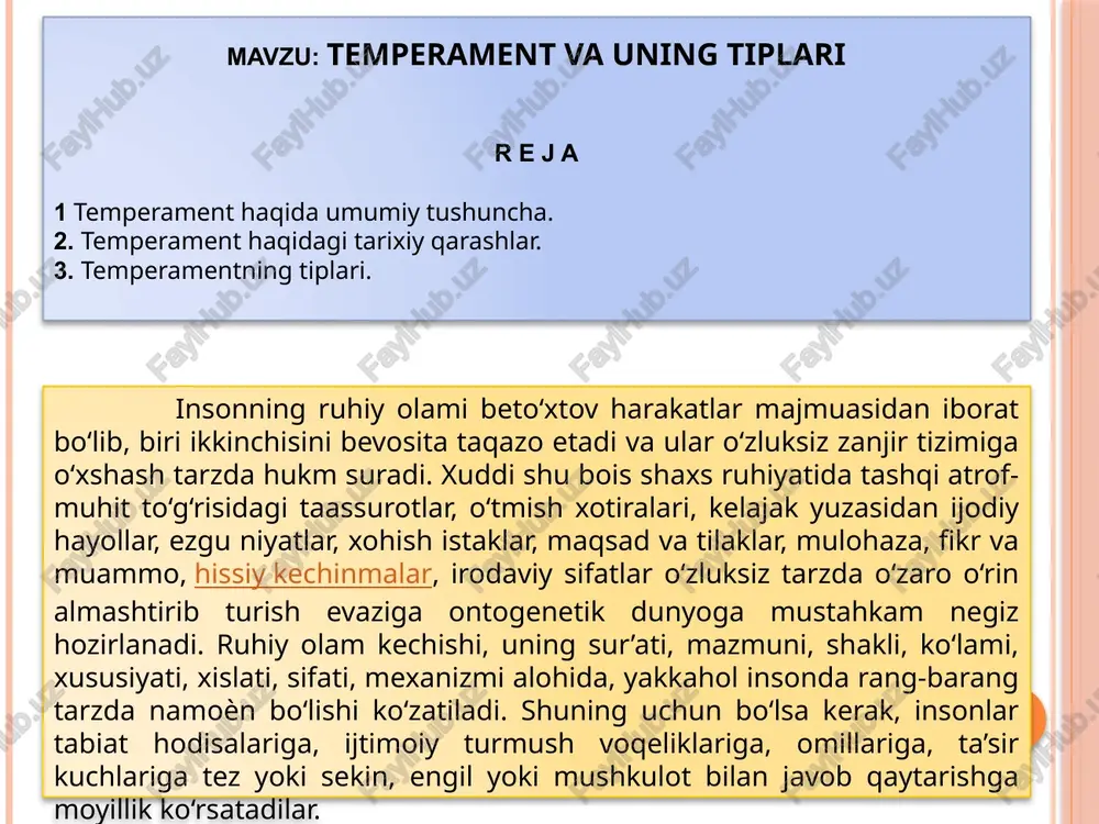ib ketadi va suhbat paytida quvnoq mimikani ko‘p ishga soladi. o‘ziga yoqqan ishga osongina berilib ketsa-da, muntazam davom etuvchi ishlarda qovun tushirib qo‘yadi. sangvinikni kuldirish oson. sangvinik kuchli tipga kiradi. flegmatik – vazmin, bosiq, kamharakat va hissiyotini jilovlab tura oladigan odam. flegmatik odatda kamgap bo‘lib, har qanday ishni shoshmasdan boshlaydi, biroq oxiriga etkazib qo‘yadi, murakkab yoki janjalli vaziyatlarda ortiqcha hissiyotga berilmaydi. agar sangvinik tez yonib, tez so‘nadigan alangaga o‘xshasa, flegmatik sekin olov olib, uzoq yonadigan alangadir. tez javob berish zarur bo‘lgan vaziyatlarda flegmatik ko‘pincha vaqtni boy berib qo‘yadi. bunda sangvinik ustun keladi. qat’iylik, iroda va sabr-toqat talab qilinadigan ishlarda esa flegmatik ustun. flegmatikni kuldirish ham, jahlini chiqarish ham qiyin. flegmatik kuchli tipga kiradi. xolerik – jizzaki, qiziqqon, chaqqon, beqaror, hissiy reaktsiyaga boy odam. u juda harakatchan. juda katta ish qobiliyatiga ega xolerik biror ishni qiziqib tez boshlaydi-yu, oxiriga etkazmay tez orada tashlab qo‘yadi. xolerik hech qachon bir maromda ishlay olmaydi, …
