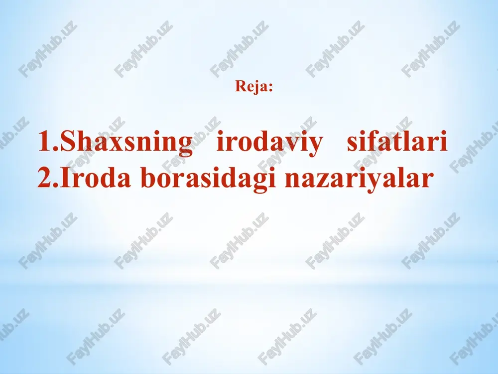 kishi xarakterining xislati kutilgan maqsadga yetishda katta qiyinchiliklar va yengib bo‘lmaydigan to‘siqlar bo‘lsa, kishi shu maqsadga yetishi uchun zarur yo‘l, vosita va usullarni o‘zgartirib, yangi usullarni qidirib topishi mumkin katta to‘sqinliklarni bartaraf qilib, uzoq qunt qilib, maqsadga yetishda ko‘rinadigan bunday iroda kuchi sabot-matonat iroda sifatiga ega bo‘lgan kishi esa sabot-matonatli, kuchli irodali, qat’iy xarakterli kishi irodaning mustaqilligi va tashabuskorligi tushunchasi javobgarlikni sezish ayni harakatlarning to‘g‘riligiga, maqsadga muvofiq ekanligiga va zarurligiga ishonch hosil qilish mustaqillik qilinilmagan va qilinilgan ish-harakatlar uchun javobgarlik sezishda ko‘rinadi. kishi biror qarorga kelishda o‘z qarori va harakatlari uchun axloqiy mas’uliyat sezsa, uning irodasi axloqiy hisoblanadi. kishining chinakam axloqiyligi ma’naviy qiyofasi, so‘zida va muhokamalarida emas, balki faoliyatida, ishida va asosan mehnatda, ya’ni mehnatga va ishning o‘ziga mehr qo‘yishida namoyon bo‘ladi. iroda borasidagi fikrlar e`tiboringiz uchun tashakkur image1.png image2.jpeg image3.jpeg image4.emf image5.emf qadimgi faylasuflar insonning maqsadli va ongli xulqini faqat umumqabul normalariga muvofiqligi nuqtai nazaridan ko‘rib chiqishgan belgilash joyizki, …