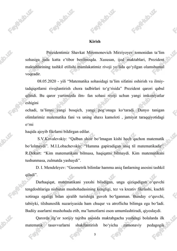 rish boʻyicha zamonaviy pedagogik texnologiyalar joriy qilinishi haqida so’z boradi. “bolalik inson shaxsining shakllanish davridir”,- degan edi dunyoga mashhur yozuvchi chingiz aytmatov. bogʻcha yoshidayoq bolajonlar matematika faniga turli qiziqarli oʻyinlar asosida oshno qilinar ekan, bu ularning kelgusidagi ilmiy salohiyatining shakllanishiga dastlabki qadam, muvaffaqiyatlari zinapoyasi bo’lib xizmat qiladi. zero, yosh avlodning iqtidor va isteʼdodlarini qo’llab-quvvatlab yangi marralarga yo’naltirish , malakali kadrlar sifatida vatanimizga fidoyi farzand boʻlib yetishishlari uchun qanot berishimiz kerak. uchish bu matematikadir ! mavzu dolzarbligi: mavzu asosan bo’lajak o’qituvchining o’rgangan bilim, ko’nikma, malakalarini umumlashtirish. birinchi turdagi sirt integrali matematika analiz mavzularidan biri bo’lib, ayniqsa integral hisobi va funksiyalar tahliliga qiziqqan talabalar va tadqiqotchilar uchun qiziqarli mavzudir. bundan tashqari, ushbu mavzu muhandislik, fizika va iqtisod kabi turli fanlarda qo’llaniladigan bo'lgani uchun, bu sohalarda ishlaydiganlar uchun muhim bo'lishi mumkin. mavzu maqsad va vazifalari: birinchi turdagi sirt integralga doir misollar o’rganib chiqildi. bunda avvalo nazariy qismi berildi. so’ngra misollar va ularni yechilishlari …