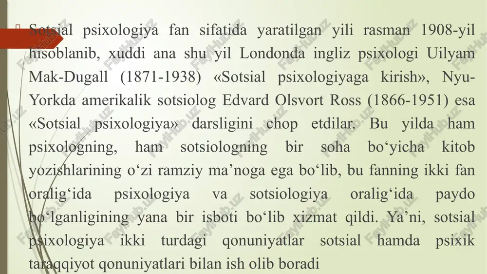 imlardan devid myers fanning predmetiga quyidagicha ta’rif beradi: «sotsial psixologiya bu – odamlarning bir- birlari haqida nimalarni o‘ylashlari, bir-birlariga qanday ta’sir ko‘rsatishlari hamda bir-birlariga qanday munosabatda bo‘lishlarini o‘rganuvchi fandir»1. shuning uchun ham galina mixaylovna andreyeva sotsial psixologiyaning mavzu bahsi haqidagi hozirgi zamon qarashlarini umumlashtirib, bu o‘rinda uch xil yondashish mavjudligini e’tirof etadi sotsiologik yondashuv sotsial psixologiya asosan ommaviy psixologik jarayonlarni xalqlar psixologiyasi, ommaviy marosimlar, udumlar, rasm-rusmlar, modaning inson ongiga singishi, sotsial xulq-atvorda namoyon bo‘lishini o‘rganishi kerak (yu.a.sherkovin, g.p.predvechniy, r.pento, m.gravitts va boshqalar). psixologik yondashuv shaxsning sotsial psixologik xislatlari, uning turli guruhlarda tutgan o‘rni, mavqei, sotsial ustanovkalar va hokazolarni o‘rganmog‘i lozim (a.v.petrovskiy, b.f.parigin, a.g.asmolov, u.mak-dugall va boshqalar). ham sotsiologik,ham psixologik yondashuv ham ommaviy jarayonlarni, ham shaxsning shu jarayonlardagi xulq-atvorlari motivlarini o‘rganishi kerak. umumiy holda, fanning predmetini sotsial psixologiya odamlarning jamiyatda birgalikdagi ish faoliyatining natijasida hosil bo‘ladigan tasavvurlar, fikrlar, e’tiqodlar, hissiy kechinmalar va xulq-atvorlarni tushuntirib beruvchi fandir1 deb ta’rif berishimiz mumkin sotsial …