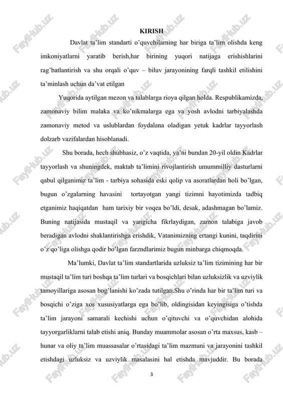 imining har bir mustaqil ta’lim turi boshqa ta’lim turlari va bosqichlari bilan uzluksizlik va uzviylik tamoyillariga asosan bog’lanishi ko’zada tutilgan.shu o’rinda har bir ta’lim turi va bosqichi o’ziga xos xususiyatlarga ega bo’lib, oldingisidan keyingisiga o’tishda ta’lim jarayoni samarali kechishi uchun o’qituvchi va o’quvchidan alohida tayyorgarliklarni talab etishi aniq. bunday muammolar asosan o’rta maxsus, kasb – hunar va oliy ta’lim muassasalar o’rtasidagi ta’lim mazmuni va jarayonini tashkil etishdagi uzluksiz va uzviylik masalasini hal etishda mavjuddir. bu borada matematika fani katta imkoniyatlarga ega. shunday ekan, matematika fani izchil, bosqichma – bosqich boshqa fanlar bilan aloqadorlikda o’rganish o’quvchilar mustaqil fikrlash qobiliyatini o’stirishga yordam beradi. respublikamizda matematika fani asoslari turli bosqichlarda faoliyat ko’rsatayotgan ta’lim muassasalarining ta’lim mazmuniga mos ravishda o’quvchilarning psixologik va pedagogok xususiyatlariga muvofiq muayyan izchillikni o’rnatish fanlar, boblar, mavzular, o’quv materiallari orasida uzviylikni ta’minlash asosida amalga oshiriladi. shunday ekan, matematika fani asoslarini yorituvchi kurslar o’rtasida uzviylikni ta’minlash, o’quv materiallarini turli bosqich ta’lim …