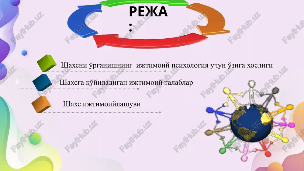 ndividuallik shaxs individ sub'ekt komil inson psixologik biologik ijtimoiy shaxs shakllanishi ijtimoiy ustanovka - shaxsning atrof muhitida sodir bo'layotgan ijtimoiy hodisalarni, ob'ektlarni, ijtimoiy guruhlarni ma'lum tarzda idrok etish, qabul qilish va ular bilan munosabatlar o'rnatishga ruhiy ichki hozirligi. . sof psixologik ma'noda yangicha tafakkur va dunyoqarashni shakllantiruvchi va o'zgartiruvchi ijtimoiy psixologik mexanizm - bu ijtimoiy ustanovkalardir ijtimoiy muhitning ta'siri xulq-atvorda bevosita namoyon bo'ladi. u yoki bu xulq-atvorning sababi uning motividir ijtimoiy ustanovka shaxs xulq-atvorining ichki, anglanmagan yoki qisman anglangan motivlariga kiradi ko'plab olimlar ijtimoiy ustanovkani bir so'z bilan - ''attityud" so'zi bilan ifodalaydilar. 1942-yildayok m. smit attityudning uch komponentli strukturasini ishlab chiqqan. kognitiv qism - bu shaxsdagi attityud ob'ektiga nisbatan bilimlar, uning odam tomonidan anglanishidir. bunga shaxsdagi bilimlardan tashqari g'oyalar, tasavvurlar, printsiplar va hokazolar kiradi. affektiv qismi - bu o'sha ob'ektni hissiy-emotsional baholash bo'lib, yoqtirish yoki yoqtirmaslik tarzidagi hissiyotlar kiradi. konativ qism - xulq-atvor bilan bog'liq qism ham deyiladi, bu …