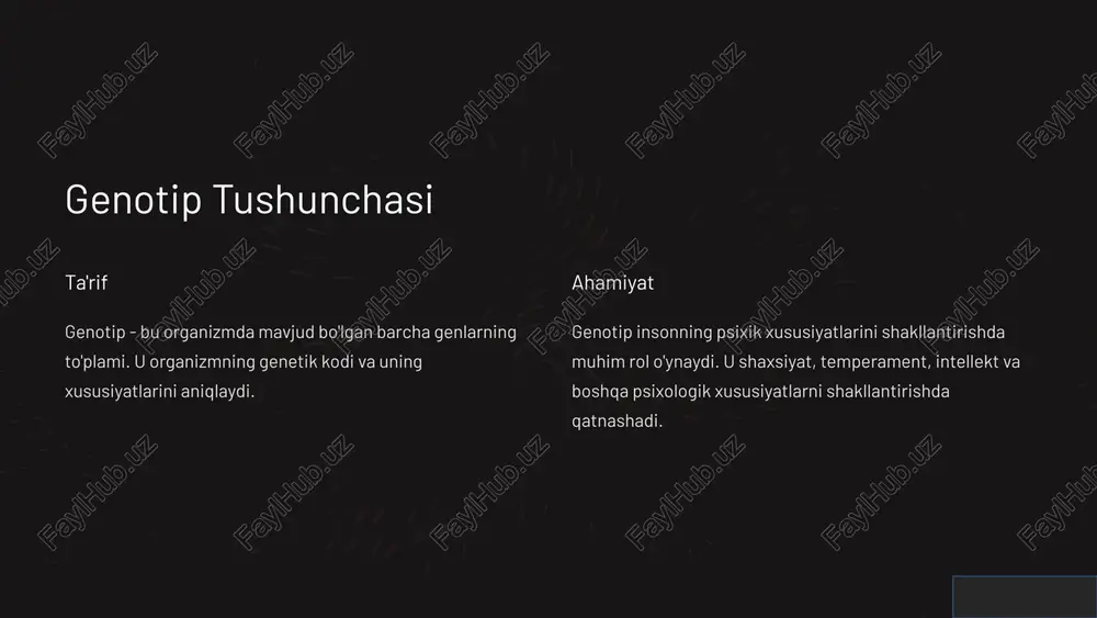 i va qanday javob berishiga ta'sir qiladi. 2 hayot yo'lini belgilash genetik xususiyatlar shaxsning qiziqishlari, iste'dodlari va tanlovlarini shakllantirishda muhim rol o'ynaydi. 7 genotip va fenotip o'zaro ta'sir genotip va fenotip o'rtasidagi munosabatlar murakkab bo'lib, u ikki tomonlama ta'sirga asoslangan. muhim omillar fenotipni shakllantirishda genetika bilan birga muhit, ta'lim, tarbiya va boshqa omillar ham muhim rol o'ynaydi. 8 image1.png image2.png image3.png image4.png image5.png image6.png image7.png image8.png image9.png image10.png image11.png image12.png