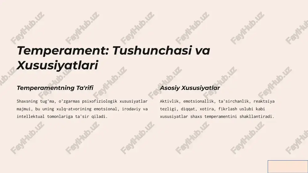 iklar boshqaruvchi lavozimlar uchun mos, chunki ular tezkor va qat'iyatli. 2 melankoliylar ijodiy kasblar uchun mos, chunki ular tafakkurli va chuqur his qiladigan. 3 sanguiniklar guruhdagi ish uchun mos, chunki ular quvnoq va osongina moslasha oladigan. 4 flegmatiklar tinchlik va sabr-toqat talab qilinadigan kasblar uchun mos, masalan, shifokor, o'qituvchi. 6 temperamentni tarbiyalash va rivojlantirish o'z-o'zini bilim o'z temperamentingizni tushunish va uning kuchli va zaif tomonlarini aniqlash muhim. ko'nikmalarni rivojlantirish zarur ko'nikmalarni o'rganish, masalan, o'zini boshqarish, stressni boshqarish, ijobiy munosabatlarni o'rnatish. muloqotni yaxshilash turli temperamentli odamlar bilan samarali aloqa qilish usullarini o'rganish. ijobiy muhit ijtimoiy va psixologik jihatdan qulay muhitda bo'lish, temperamentning ijobiy tomonlarini rivojlantirishga yordam beradi. 7 xulosa va tavsiyalar temperament tug'ma xususiyat bo'lsa-da, uni tarbiyalash va rivojlantirish mumkin. etno madaniy farqlarni tushunish va ularning temperamentga ta'sirini hisobga olish, samarali muloqot va o'zaro tushunishni ta'minlaydi. 8 image1.png image2.png image3.png image4.png image5.png image6.png image7.png image8.png image9.png image10.png image11.png image12.png image13.png image14.png …