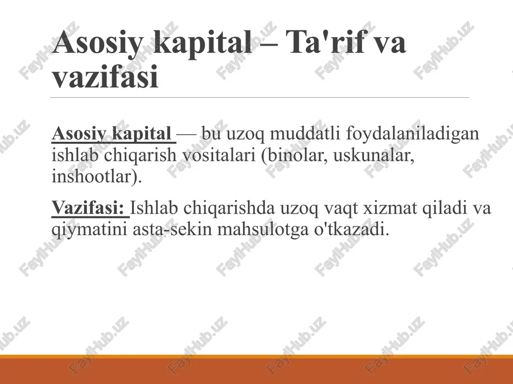 tiladi. amortizatsiya metodlari: to‘g‘ri chiziqli usul (straight-line method): har yili bir xil miqdorda amortizatsiya ajratiladi. tezlashtirilgan usullar (accelerated methods): dastlabki yillarda ko‘proq, keyingi yillarda esa kamroq amortizatsiya ajratiladi (masalan, ikki barobar kamayuvchi balans usuli). ishlab chiqarish birligi usuli (units of production): amortizatsiya ishlab chiqarilgan mahsulot hajmiga qarab belgilanadi. amortizatsiya davri: aktivning foydali xizmat muddati (odatda yillarda o‘lchanadi). 🧮 misol: agar korxona 5 yilga 100 million so‘mga uskuna sotib olsa va bu uskuna yillik 20 million so‘mga amortizatsiyalanadigan bo‘lsa (to‘g‘ri chiziqli usul), har yili bu qiymat xarajat sifatida hisobga olinadi. aylanma kapital – ta'rif va ahamiyati aylanma kapital — ishlab chiqarish jarayonida bir martalik ishtirok etadigan, to‘liq qiymatini mahsulotga o‘tkazadigan resurslar (xomashyo, materiallar, yoqilg‘i). aylanma kapital qisqa muddatli aktivlar sifatida pul, zahiralar va boshqa resurslarni o'z ichiga oladi. aylanma kapital qisqa muddatli aktivlar sifatida pul, zahiralar va boshqa resurslarni o'z ichiga oladi. masalan, oziq-ovqat ishlab chiqaruvchi korxonada un, suv, gaz – …