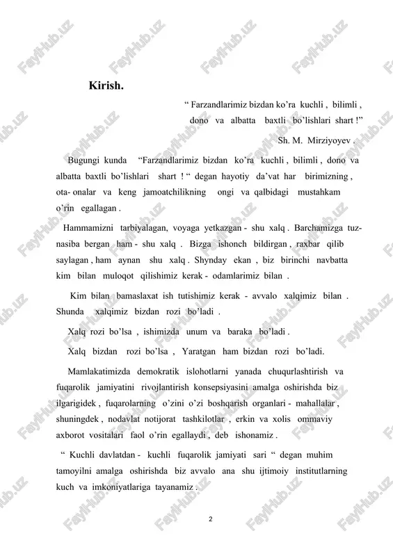 zi bo’lsa , yaratgan ham bizdan rozi bo’ladi. mamlakatimizda demokratik islohotlarni yanada chuqurlashtirish va fuqarolik jamiyatini rivojlantirish konsepsiyasini amalga oshirishda biz ilgarigidek , fuqarolarning o’zini o’zi boshqarish organlari - mahallalar , shuningdek , nodavlat notijorat tashkilotlar , erkin va xolis ommaviy axborot vositalari faol o’rin egallaydi , deb ishonamiz . “ kuchli davlatdan - kuchli fuqarolik jamiyati sari “ degan muhim tamoyilni amalga oshirishda biz avvalo ana shu ijtimoiy institutlarning kuch va imkoniyatlariga tayanamiz . “matematika sohasidagi ta’lim sifatini oshirish va ilmiy-tadqiqotlarni rivojlantirish va ilmiy ishlanmalarni amaliyotga joriy qilishning ustuvor yo’nalishlari belgilandi. maktabgacha yoshdagi bolalarda ilk matematik tasavvurlarni shakllantirish bo’yicha zamonaviy pedagogik texnologiyalarni joriy qilish , hududlarda matematika faniga ixtisoslashtirilgan maktablarni tashkil etish ustuvor yo’nalishlardan biridir . lekin boshqa fanlardan farqli ravishda ining miqdoriy munosabatlari va fazoviy shakllari asosiy ob’yekt sifatida qaraladi. matematika o’sib kelayotgan yosh avlodni kamol toptirishda o’quv fani sufatida keng imkoniyatlarga ega . u o’quv tafakkurini rivojlantirib, …