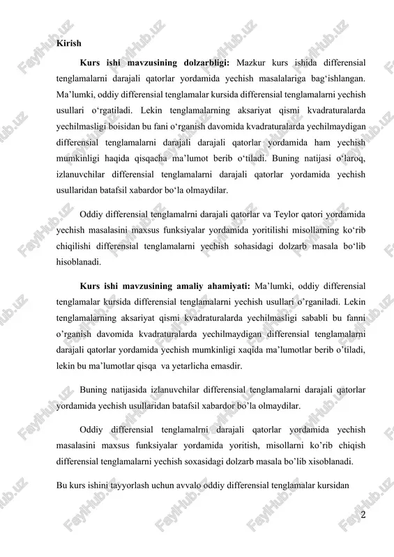 ligi xaqida ma’lumotlar berib o’tiladi, lekin bu ma’lumotlar qisqa va yetarlicha emasdir. buning natijasida izlanuvchilar differensial tenglamalarni darajali qatorlar yordamida yechish usullaridan batafsil xabardor bo’la olmaydilar. oddiy differensial tenglamalrni darajali qatorlar yordamida yechish masalasini maxsus funksiyalar yordamida yoritish, misollarni ko’rib chiqish differensial tenglamalarni yechish soxasidagi dolzarb masala bo’lib xisoblanadi. bu kurs ishini tayyorlash uchun avvalo oddiy differensial tenglamalar kursidan chiziqli oddiy differensial tenglamalar, maxsus funksiyalar mavzularini, shuningdek matematik analiz kursidan darajali qatorlar keng ma’noda puxta o’rganib chiqishga harakat qildim. o’rgangan materiallar asosida chiziqli differensial tenglamalarni darajali qatorlar yordamida yechish usullarini o’rganishni asosiy maqsad qilib qo’ydim. i-bob. darajali qatorlar av uning xossalari 1.1-§. darajali qatorlar. 1. bizga ma’lumki funksional qatorlar orasida, ularning xususiy holi bo‘lgan ushbu (1.1.1) yoki, umumiyroq, (1.1.2) qatorlar (bunda - o‘zgarmas haqiqiy sonlar) matematikada va uning tatbiqlarida muhim rol o‘ynaydi. bu yerda, sifatida (yoki , ya’ni (yoki ) o‘zgaruvchining darajalari qaralyapti. shu sababli (1.1.1) va (1.1.2) qatorlar darajali …