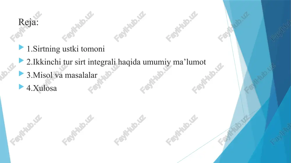 nchi tartibli sirtlar deb atladi. bu tenglamada a,b,c,d,e,f koeffi t s i entlarning kamida bittasi noldan farqli bo‘lishi kerak. ikkinchi tur sirt integralidan ta’riflanadi. shunday qilib , sirtda beri lgan f(x,y,z) funksiyani uchga oxy tekislikdagi pro eksiyalar, oyz tekislikdagi proeksiyalari hamda ozx tekislikdagi proeksiyalar vositasida olingan ikkinchi tur sirt integrali tushunchalaridan kiritilgan. ikkinchi tur sirt integralli haqida umumiy ma’lumot fazoda (s) sirt z=z(x,y) tenglama bilan aniqlangan. bunda z(x,y) funksiya (d) soxada (d) ∩ 𝑅 2 berilgan, uzluksiz h amda uzluksiz xususiy xosilalar ' x z (x,y) ; ' y z (x,y) (d) soxaning chegarasi esa bo‘lakli - s illiq chiziqdan iborat bo‘lsin . (s) sirtda uning chegarasi bilan kesishmaydi gan k yopiq chiziqni olaylik. ( 0 x 0 y 0 z ) nuqta sirtning k yopiq chiziq bilan chegaralangan qismiga tegishli va yopiq chiziq k ning xoy teki sligidagi proeksiyasi deyladi . ( 0 x 0 y 0 z ) …