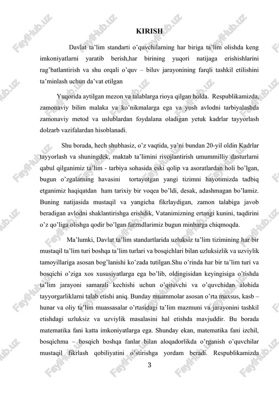 a’lim mazmuni va jarayonini tashkil etishdagi uzluksiz va uzviylik masalasini hal etishda mavjuddir. bu borada matematika fani katta imkoniyatlarga ega. shunday ekan, matematika fani izchil, bosqichma – bosqich boshqa fanlar bilan aloqadorlikda o’rganish o’quvchilar mustaqil fikrlash qobiliyatini o’stirishga yordam beradi. respublikamizda matematika fani asoslari turli bosqichlarda faoliyat ko’rsatayotgan ta’lim muassasalarining ta’lim mazmuniga mos ravishda o’quvchilarning psixologik va pedagogok xususiyatlariga muvofiq muayyan `izchillikni o’rnatish fanlar, boblar, mavzular, o’quv materiallari orasida uzviylikni ta’minlash asosida amalga oshiriladi. shunday ekan, matematika fani asoslarini yorituvchi kurslar o’rtasida uzviylikni ta’minlash, o’quv materiallarini turli bosqich ta’lim muassasalari o’quvchilarining yosh xususiyatlariga mos holda tanlash, ularning muayyan mantiqiy ketma – ketlik, fanlararo uzviylik hamda izchillik asosida joylashtirish, o’quv jarayonida uzviylik tamoyilining yetakchi o’rin tutishiga erishish va bu holatni pedagogik jihatdan asoslash muammosini yuzaga keltiradi. kurs ishining mavzusining dolzarbligi: jordano, borel, lebeg o’lchovlari matematikada va uning qo’llanilgan sohalarda muhim ahamiyatga ega. ular yordamida turli to’plamlarni o’lchash, funksiyalarni integrallashtirish, ehtimollik chiziqlarini …