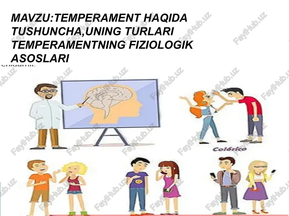 ’rinishlar majmui kishining temperamenti deb ataladi. his-tuyg'ularning paydo bo'lish tezligi va kuchida, hamda kishining umumiy harakatchanligida nomoyon bo'ladigan individual-psixologik xususiyatlar majmui temperament (lot. temperamentum-aralashma, qismlar nisbati) deb ataladi. yuragi keng, barqaror intilishlarga va kayfiyatlarga, doimiy va chuqur his-tuyg’ularga, harakatlari va nutqi bir hil maromda bo’lgan, ruhiy holati tashqi tomonda ifoda etiladigan kishi holerik deb ataladi. nemis psixiatri z. krechmer individning psixik tuzilishi tana tuzilishiga, tananing umumiy konstruktsiyasiga to’g’ri keladi, degan edi. sezgilarli psixik aktivlikka ega bo’lgan, atrofda bo’layotgan voqealarga tez munosabat bildiruvchi, tassurotlarini hadeb o’zgartirishga intiluvchi, muvoffaqiyatsizliklar va ko’ngilsizliklarni nisbatan yengil o’tkazib yuboruvchi, jonli, harakatchan, ifodali mimikasi va harakatlari bo’lgan kishi sangvinik deb ataladi. flegmatik - senzitivligi sust, his-tuyg'usi kam o'zgaruvchan, shunda ko'ra bunday shaxsni qo'rqitish, jahlini chiqarish, kayfiyatini buzish qiyin. ko'ngilsiz hodisa xavf-xatar haqidagi xabarga xotirjamlik bilan rnunosabatda bo'ladi. ta'sirchan, chuqur kechinmali, gap ko’tara olmaydigan, ammo atrofdagi voqealarga unchalik e’tibor bermaydigan, o’zini to’xtata oladigan harakatlar qiladigan va sekin ovoz …