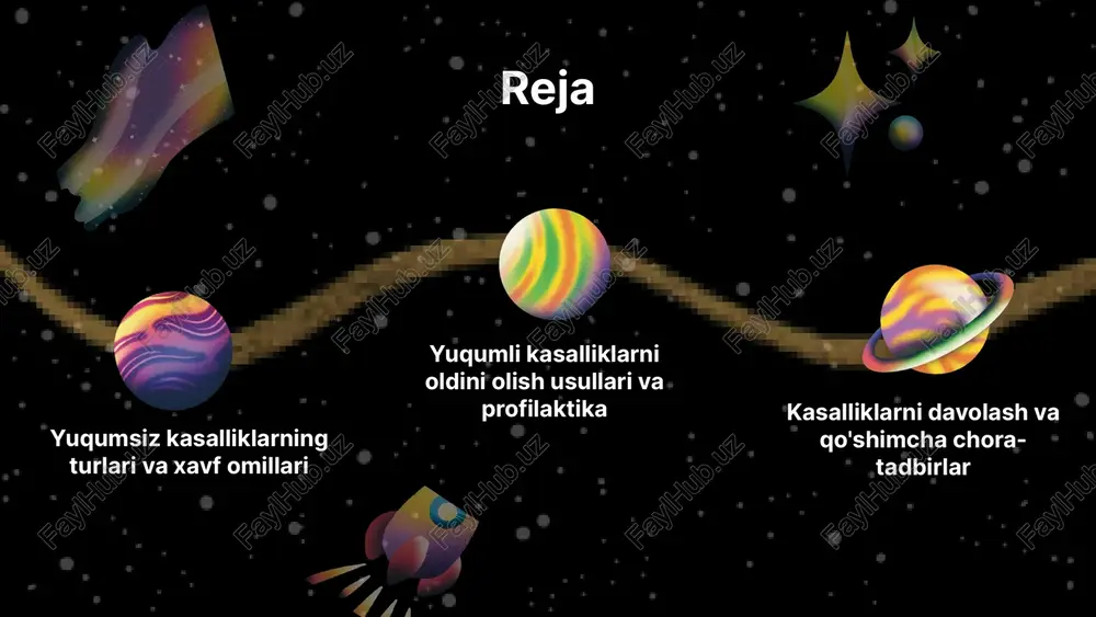 enetik profil. atrof-muhit omillar: ifloslanish, kimyoviy moddalar, radiatsiya, zararli ish sharoitlari. bu omillar kasallik rivojlanishida muhim rol o'ynaydi. atrof-muhit omillari, jumladan, ifloslangan havo, kimyoviy moddalar va radiatsiya, inson salomatligiga salbiy ta'sir qiladi, genetik mutatsiyalarni keltirib chiqarishi mumkin, va kasalliklar xavfini oshiradi. genetik va atrof-muhit omillari birgalikda yurak, onkologik va boshqa kasalliklar rivojlanishida asosiy rol o'ynaydi. bu omillarni hisobga olish, sog'liqni muhofaza qilish strategiyalarini ishlab chiqishda muhimdir. yuqumli kasalliklar va ularning oldini olish yuqumli kasalliklar organizmga kirib, sog‘liq muammolariga olib keladi. ular havoda tarqaladigan tomchilar, ifloslangan suv yoki oziq-ovqat orqali yoyiladi. oldini olish uchun gigiena qoidalariga amal qilish va emlash muhimdir. photo by nasa on unsplash profilaktika usullari yuqumli va yuqumsiz kasalliklarni oldini olish uchun gigiena muhim ahamiyatga ega. qo‘l yuvish, toza muhit va shaxsiy gigiena qo‘llanishi kasalliklar tarqalishini kamaytiradi. vaksinatsiya immunitetni mustahkamlash uchun muhimdir. davlat tomonidan olib boriladigan emlash kampaniyalari epidemiyalarning oldini olishda asosiy rol o‘ynaydi. to‘g‘ri ovqatlanish, suvdan foydalanish …