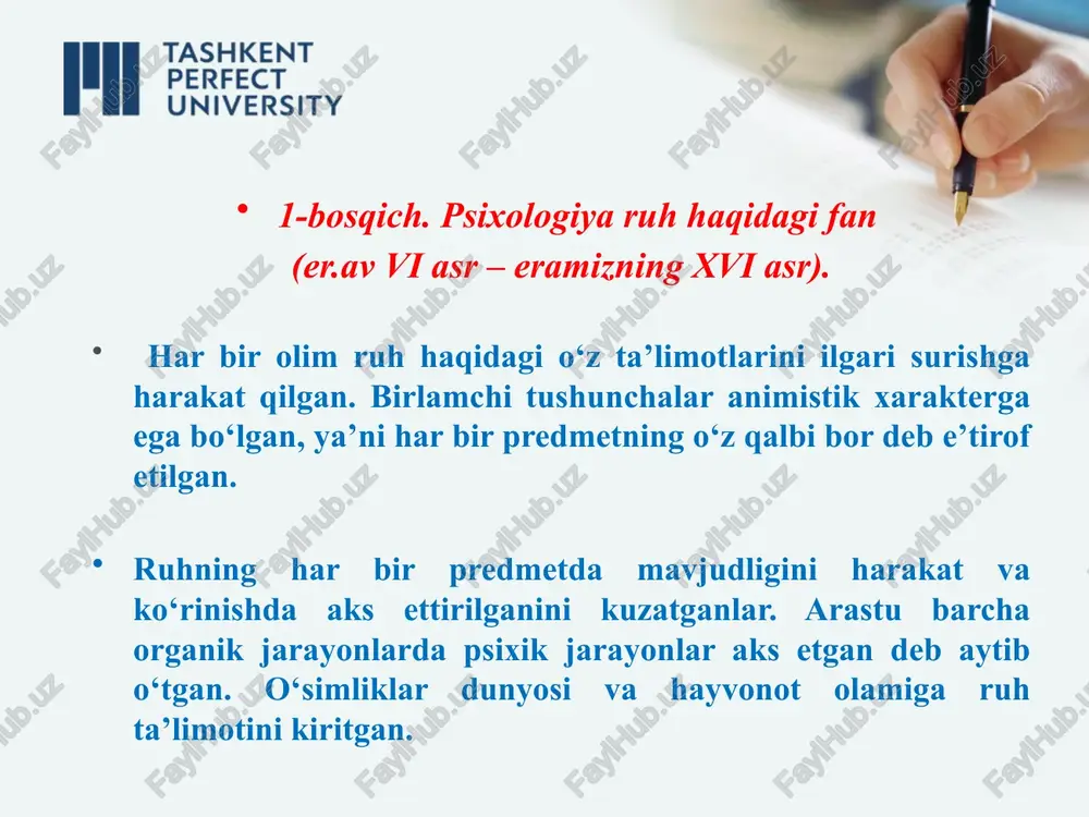 n sifatida shakllanishi 1879 yilda vilgelm vundt tomonidan dunyoda birinchi bo‘lib eksperimental psixologiya laboratoriyasining tashkil etilishi bilan bog‘liqdir. 6 3-bosqich. psixologiyani mustaqil fan sifatida tarkib topishi. ochiq inqiroz. psixologiyaning mustaqil fan sifatida shakllanishiga albatta shartli reflekslar haqidagi ta’limotlar va psixik kasalliklarni davolash usullarining tadqiq etilishi va umuman, fiziologiya fanining rivojlanishi asos bo‘ldi. psixologik eksperimentlarning o‘tkazilishi albatta mustaqil fan sifatida shakllanishiga asos yaratildi. turli xil yo‘nalishdagi maktablarning paydo bo‘lishi (bixeviorizm, psixoanaliz, psixodinamik maktab, geshtalt psixologiya). 7 psixoanaliz (z.freyd). bu ta’limot bo‘yicha insonning ongi, ongsiz holatlar va jarayonlar orasida bevosita bog‘liqlik mavjuddir. bu ta’limotga ko‘ra inson xatti-harakatlari asosida anglanilmagan mayllar yotishini kuzatishimiz mumkin. psixikaning uchta darajasi tafovut qilinadi: ongsizlik, ong osti va onglilik. insonning motivatsion holatini aks ettiruvchi jarayonlar ongsiz jarayonlarni anglash hisoblanadi, freyd ta’limotida jinsiy qoniqish masalalariga alohida e’tibor qaratilgan. 8 bixeviorizm (dj.uotson). psixologiya – inson va hayvonlarning xulq-atvori haqidagi fan sifatida talqin etilgan. dj.uotson psixologiyada ongni o‘rganishga ehtiyoj yo‘qligini ta’kidlab …
