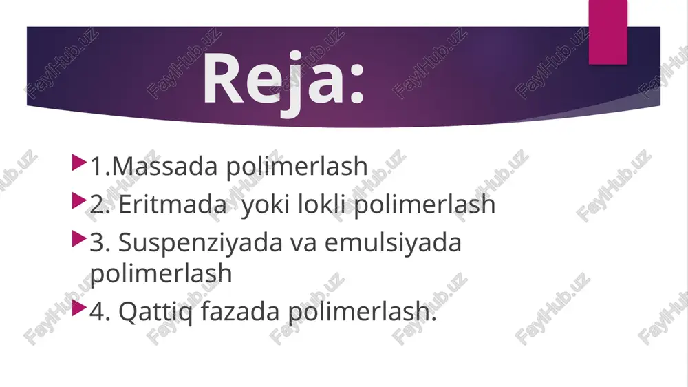 a hosil bo’layotgan polimerlarning molekulyar –massaviy xarakteristikalarini boshqarishni murakkablashtiradigan reaksiya issiqligini tortib olishni qiyinligidir. monomerning kichik konversiyalarda massada polimerlash jarayonlarning o’ziga xos kinetikasi radikal polimerlashning klassik qonuniyatlar, yuqori konversiyalardaa esa gel-effektining namoyon bo’lishini tushuntiradi. massada yoki blokda poimerlashda taxtalangan tiniq organik shisha yoki suyuqlantirib qayta ishlanadigan kukunsimon polimer olish maqsadida metilmetakrilat va stirol radikal polimerlashda foydalaniladi. mazkur usul bilan polivinixlorid qatronlar olish uchun sanoatda vinilxlorit ham polimerlanadi . eritmada yoki lokli polimerlash eritmada yoki lokli polimerlash reaksiya issiqligini samarali tortib olishni ta’minlaydi va jarayonni osn boshqarish imkonini beradi . shunga qaramay eritmada polimerlash jarayoni blokda polimerlashda nisbatan sanoatda kamroq o’z o’rnini topgan. bu avvalo , reaksion aralashmada polimerni ajratib olshga sarflanadigan kata xarajatlar bilan bog’liq . ko’proq bu usul olinadigan polimer lok ko’rinishida ishlatilganda qo’llaniladi. bu reaksiyani amalga oshirish uchun monomer, agar kerak bo‘lsa, uzatish agenti ham inert erituvchida eritiladi. radikal polimerlanish initsiatorlari ham reaksion aralashmada eritiladi, ionli initsiatorlar va …