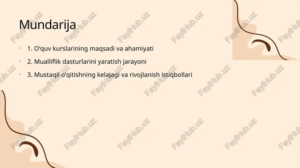i ishlab chiqish jarayonida birinchi navbatda, o'quvchilarning ehtiyojlarini aniqlash muhimdir. shundan so'ng, o'quv materiallarini tayyorlash va metodologiyani belgilash zarur. natijada, samarali va maqsadga muvofiq dastur yaratiladi. mualliflik dasturlarining ahamiyati natijada, mualliflik dasturlari o'quvchilarning o'zlariga bo'lgan ishonchini oshiradi va ularni kelajakda muvaffaqiyatli bo'lishlariga tayyorlaydi. shuningdek, mualliflik dasturlari o'quvchilarning o'z bilimlarini amaliyotda qo'llashlariga yordam beradi. bu jarayon, ularning o'z qobiliyatlarini yanada rivojlantirishga xizmat qiladi. mualliflik dasturlari o'quvchilarga mustaqil ravishda bilim olish imkonini beradi. bu dasturlar o'quvchilarni o'z-o'zini rivojlantirishga undaydi va ularning kreativligini oshiradi. mustaqil oʻqitishning kelajagi rivojlanish istiqbollari va imkoniyatlar mustaqil oʻqitishning asosiy tamoyillari mustaqil oʻqitish, o‘quvchilarga o‘z-o‘zini boshqarish va ta’lim jarayonida faol ishtirok etish imkonini beradi. bu jarayon, o‘quvchilarning o‘z qobiliyatlariga ishonchini oshiradi va mustaqil fikrlash ko‘nikmalarini rivojlantiradi. mustaqil oʻqitishning asosiy tamoyillari, o‘quvchilarning qiziqishlariga mos keladigan kurslar va dasturlarni ishlab chiqishdan iborat. mustaqil oʻqitishning rivojlanish istiqbollari mustaqil oʻqitish jarayoni, texnologik yangiliklar va onlayn platformalar orqali yanada rivojlanmoqda. o‘quvchilar, o‘z vaqtida va …