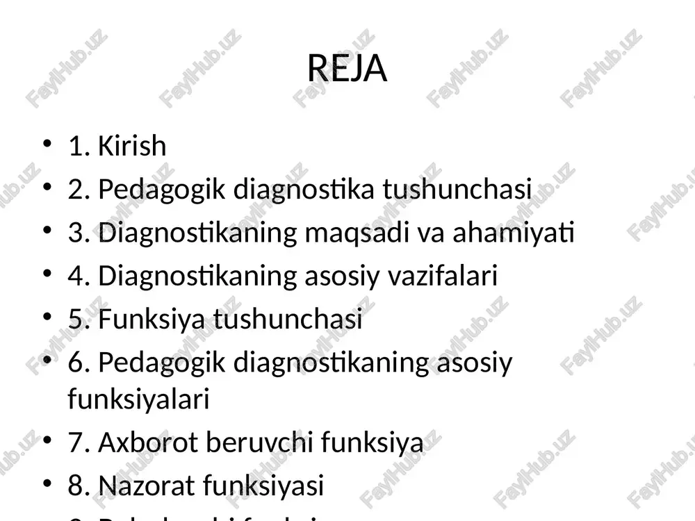 arga ko‘ra baholaydi. korreksion funksiya diagnostika natijalariga ko‘ra o‘quvchilardagi kamchiliklarni tuzatish, rivojlantirish va individual yondashuvni shakllantirish amalga oshiriladi. rivojlantiruvchi funksiya bu funksiya o‘quvchi shaxsini har tomonlama o‘sishini qo‘llab-quvvatlaydi, uning ijobiy sifatlarini rivojlantiradi. bashorat funksiyasi diagnostika natijalariga asoslanib, kelajakdagi rivojlanish tendensiyalarini oldindan belgilash imkonini beradi. funksiyalar o‘zaro bog‘liqligi barcha funksiyalar o‘zaro uzviy bog‘liq. axborot olish nazoratni, nazorat baholashni, baholash esa korreksiyani ta’minlaydi. amaliy ahamiyati pedagogik diagnostikaning funksiyalari o‘qituvchiga o‘quv jarayonini samarali boshqarish va individual yondashuvni amalga oshirish imkonini beradi. xulosa pedagogik diagnostikaning asosiy funksiyalari ta’lim jarayonining sifatini oshiradi, shaxsni har tomonlama rivojlantirishga xizmat qiladi. /docprops/thumbnail.jpeg