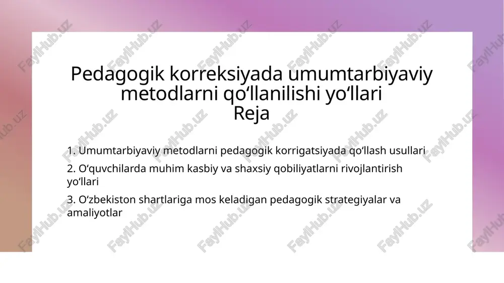 1 shaxsiy rivojlanish umuntarbiya metodlari o'quvchilarning shaxsiy qobiliyatlarini aniqlash va rivojlantirishda muhim rol o'ynaydi, ular mustaqil fikrlash va o'z-o'zini baholash ko'nikmalarini shakllantiradi. 2 kasbiy tayyorgarlik bu metodlar o'quvchilarga kasbiy qobiliyatlarni rivojlantirish, amaliy ko'nikmalarni oshirish hamda kelajakdagi ish faoliyatlariga tayyorlash imkonini beradi. 3 motivatsiya va ishtiyoq umuntarbiya yondashuvlari o'quvchilarning motivatsiyasini oshiradi, ularni o'z maqsadlariga erishishga intilishga rag'batlantiradi va ta'lim jarayonini qiziqarli qiladi. oʻzbekiston shartlariga mos keladigan pedagogik strategiyalar va amaliyotlar 1 davlat talablari bilan muvofiqlik o‘zbekiston shartlariga mos keladigan pedagogik strategiyalar davlat ta'lim standartlari va milliy madaniyatga moslashtirilgan bo‘lishi kerak. bu, o‘qituvchilarga an'anaviy va zamonaviy metodlarni uyg‘unlashtirish imkonini beradi. 2 innovatsion yondashuvlar innovatsion pedagogik metodlar, texnologiyalar va amaliyotlarni joriy etish orqali o‘quvchilarning qiziqishini oshirish va ta’lim sifatini yaxshilashga yordam beradi. 3 mahalliy madaniyat va anʼanalar o‘zbekiston madaniyatiga mos pedagogik yondashuvlar o‘quvchilarning identifikatsiyasi va motivatsiyasini kuchaytiradi, shuningdek, milliy qadriyatlarni rivojlantiradi. umumtarbiyaviy metodlarni innovatsion pedagogik yondashuvlar bilan integratsiya qilish 1 innovatsion texnologiyalar zamonaviy …
