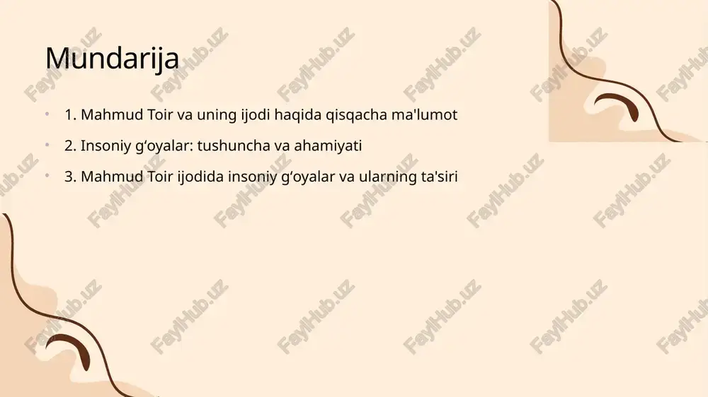 munosabatlari orqali namoyon bo'ladi. u, insoniyatning o'zligini anglash va rivojlanish jarayonida bu gʻoyalarni muhim deb biladi. insoniy gʻoyalar ahamiyati mahmud toir insoniy gʻoyalarni inson hayotining asosiy poydevori sifatida ko'radi. u, bu gʻoyalar orqali insonning ma'naviy va axloqiy qadriyatlarini shakllantirishga harakat qiladi. bu gʻoyalar, jamiyatda o'zaro hurmat va tushunishni rivojlantirishda muhim rol o'ynaydi. gʻoyalar va ularning ta'siri shuningdek, insoniy gʻoyalar, o'zaro munosabatlar va muloqotda samimiylikni ta'minlaydi. bu, ijtimoiy hayotda muhim o'rin tutadi va insonlar o'rtasidagi aloqalarni mustahkamlashga yordam beradi. mahmud toir ijodida, insoniy gʻoyalar orqali insonning ichki kurashi va o'zligini anglash jarayoni ko'rsatiladi. bu, o'z-o'zini rivojlantirish va jamiyatga foyda keltirishda muhimdir. insoniy gʻoyalar, shaxsning o'z hayoti va atrofidagi insonlar bilan munosabatlariga ta'sir qiladi. ular, ijtimoiy adolat va hamjihatlikni ta'minlashda muhim ahamiyatga ega. mahmud toir ijodidagi insoniy gʻoyalar ijod va insoniyat o'rtasidagi bog'lanish insoniy gʻoyalar va ularning mohiyati mahmud toir ijodida insoniy gʻoyalar, asosan, insonning ichki dunyosi, axloqiy qadriyatlari va ijtimoiy masalalarga …