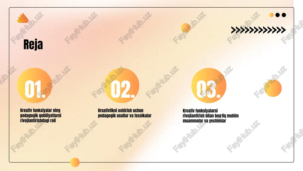 i rivojlantirish uchun innovatsion metodlar, loyiha asosida o'qitish, muammoli vazifalar yechish va mijoz bilan ishlash kabi amaliy yondashuvlar qo'llaniladi. amaliy tavsiyalar va strategiyalar o'qituvchilar uchun loyiha ishlari, guruh muhokamalari, ijodiy yozishmalar va simulyatsiya o'yinlarini joriy qilish tavsiya etiladi. talabalarning fikrlashini rivojlantirish uchun muammoli vazifalar muhim. yaratqanchilik qobiliyati resurs yetishmovchiligi innovatsion pedagogika raqobat kuchayishi o'qituvchining kreativligi ta'lim jarayonini yangi va samarali usullar bilan boyitadi, o'quvchilarning faolligini oshiradi. resurslar cheklanganligi ta'lim jarayonida kreativ funksiyalarni keng qo'llashda muammo tug'dirishi mumkin. innovatsion pedagogika yangi texnologiyalar va metodlarni joriy etish orqali kreativ funksiyalarni rivojlantirish imkonini beradi. raqobat kuchayishi va texnologik kechikishlar ta'limda kreativ yondashuvlarni qo'llashni qiyinlashtirishi mumkin. s w o t kreativ pedagogik usullar kreativ pedagogik usullari ta'lim jarayonida yangi fikrlar, metodlar va texnologiyalarni joriy etish orqali o'qituvchining innovatsion yondashuvlarini rivojlantirishga yordam beradi. bu usullar o'quvchilarning qiziqishini oshiradi. o'qituvchining kreativligini rivojlantirish uchun treninglar, amaliy seminarlar va kreativ fikrlash texnikalarini qo'llash muhimdir. shuningdek, zamonaviy texnologiyalar va …